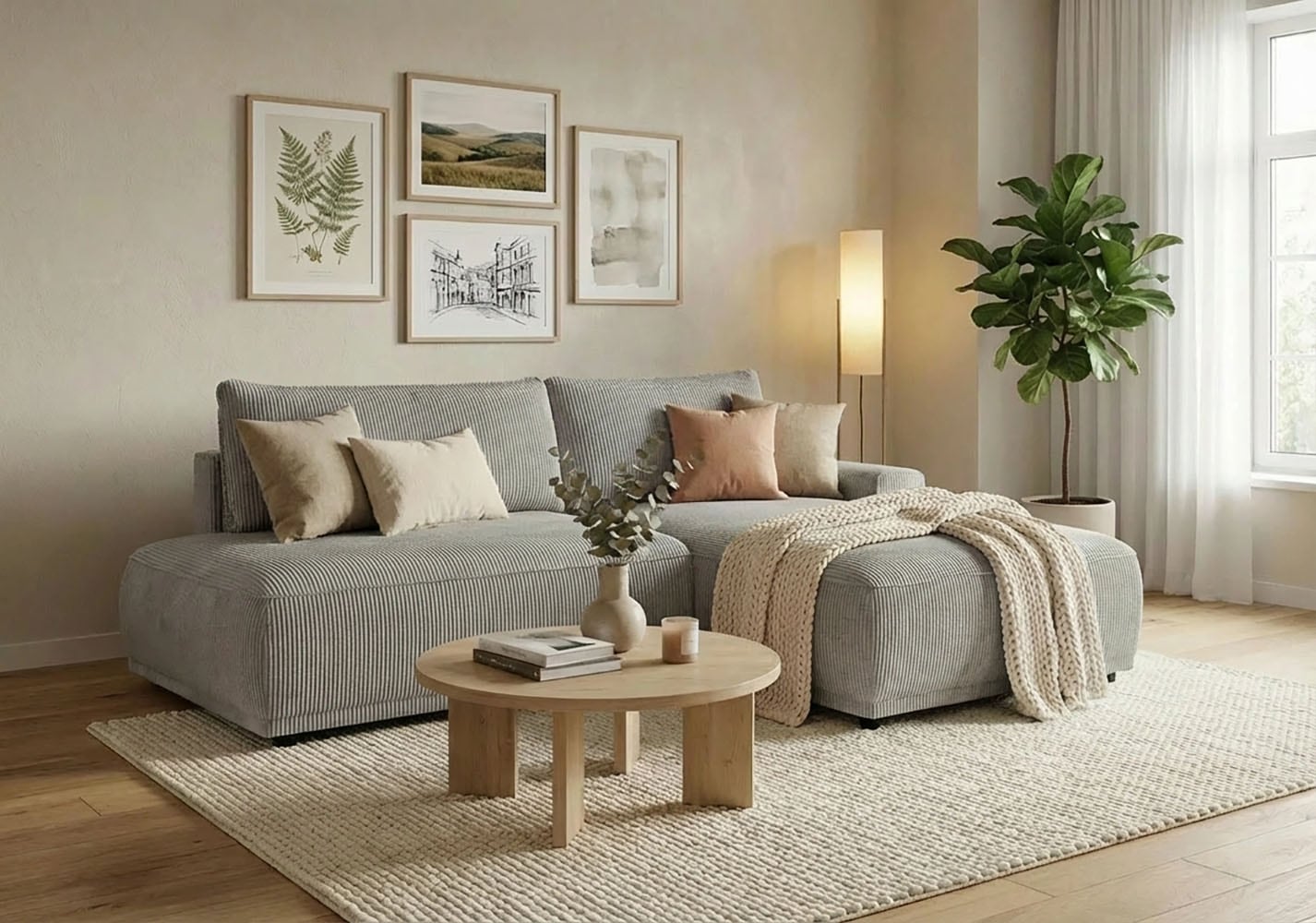 TRENDMANUFAKTUR Ecksofa "Fordon II, Schlafsofa mit Bettkasten, Couch in L-Form, Breite 250 cm" in Cordstoff HYPER, betongrau, Armlehne rechts