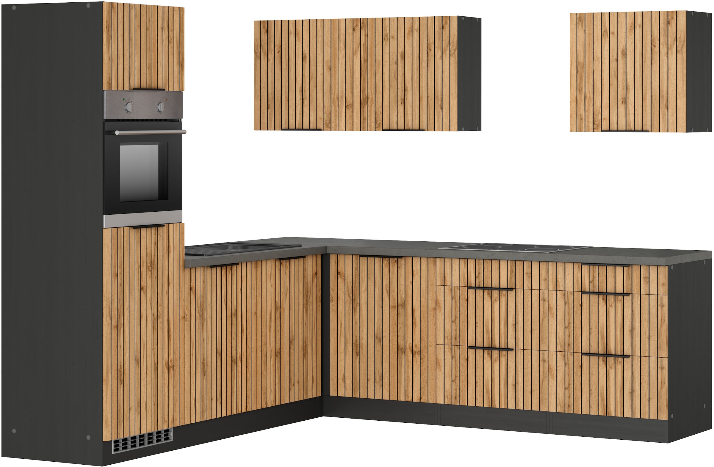 KOCHSTATION Winkelküche "KS-Lagos, Stellbreite 240/240 cm, wahlweise mit E-Geräten" GK-oder Induktionskochfeld,Kühlschrank,Spüle edelstahl oder schwarz