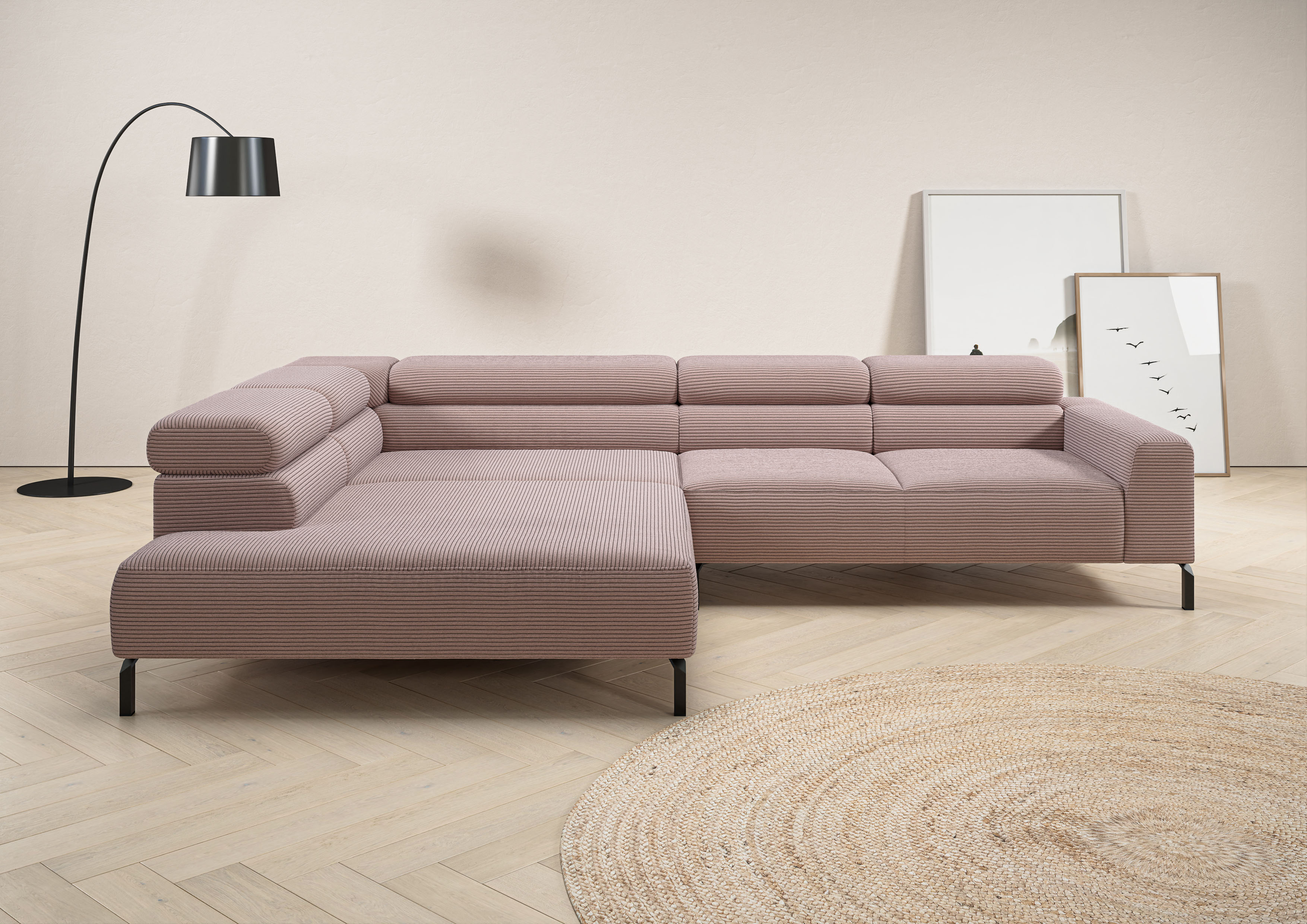 Home affaire Ecksofa "Antonelli, L-Form, incl. Kopfteilverstellung, Breite 312 cm" mit elektrischer Sitztiefenverstellung, in Cord, rosé