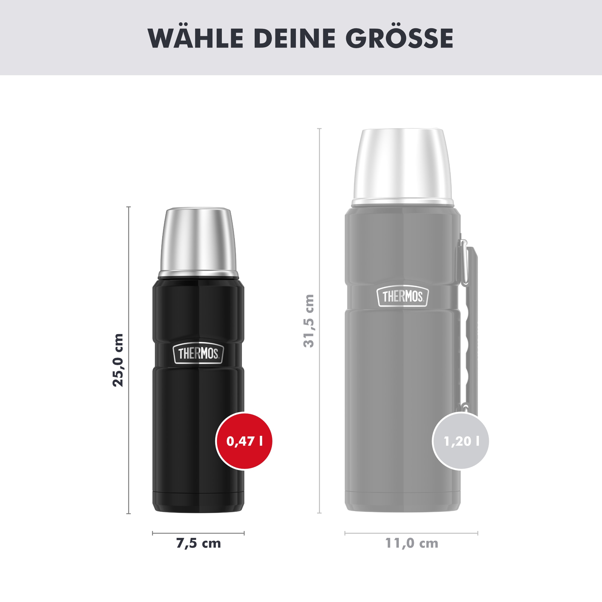 THERMOS Isolierflasche »STAINLESS KING BEVERAGE BOTTLE, doppelwandiger Edelstahl« 0,47l, 12h heiß & 24h kalt, Twist & Pour Lid, Becher