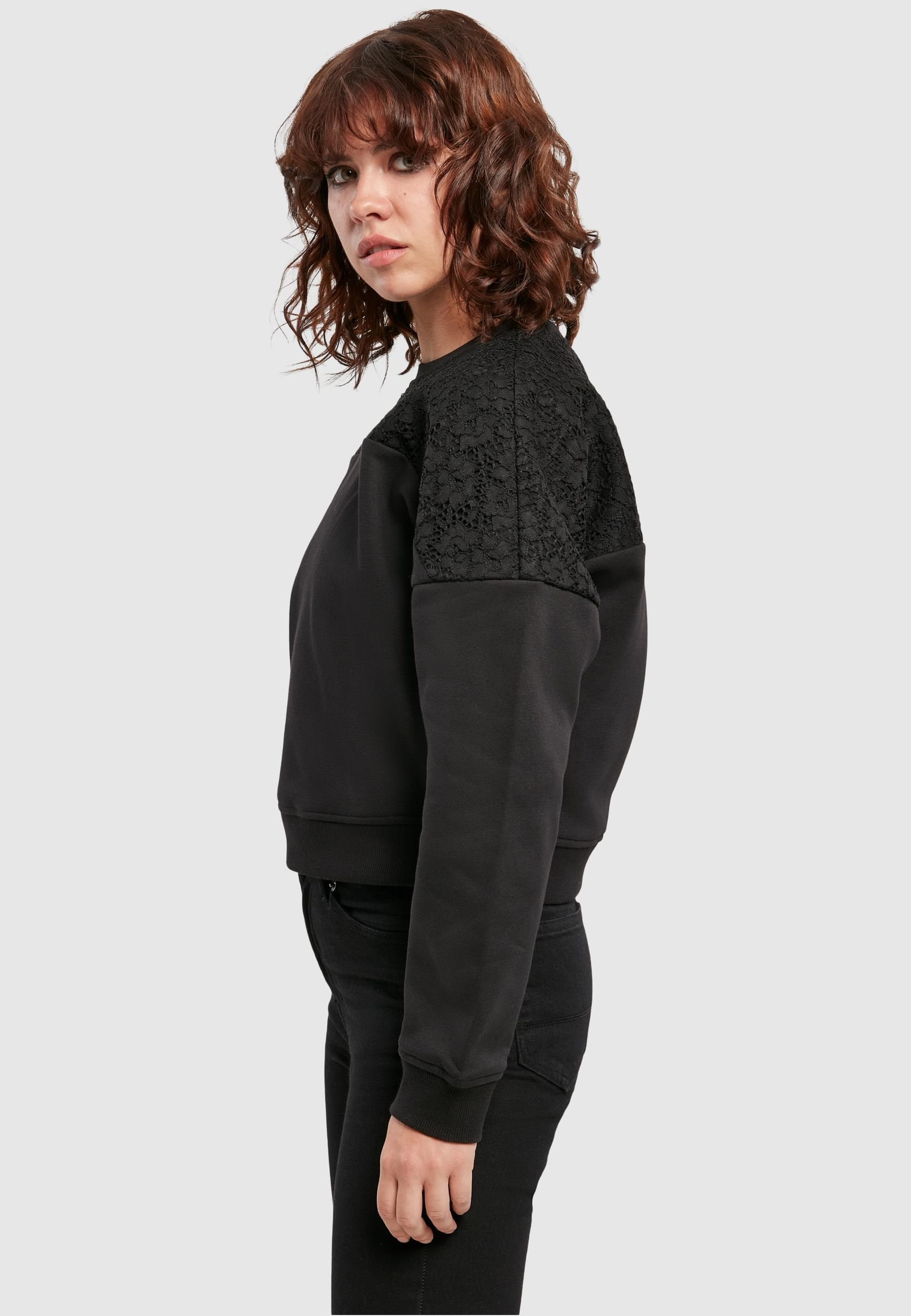 URBAN CLASSICS Sweater »Urban Classics Damen Ladies Short Oversized Lace Inset Crew«, (1 tlg.)
