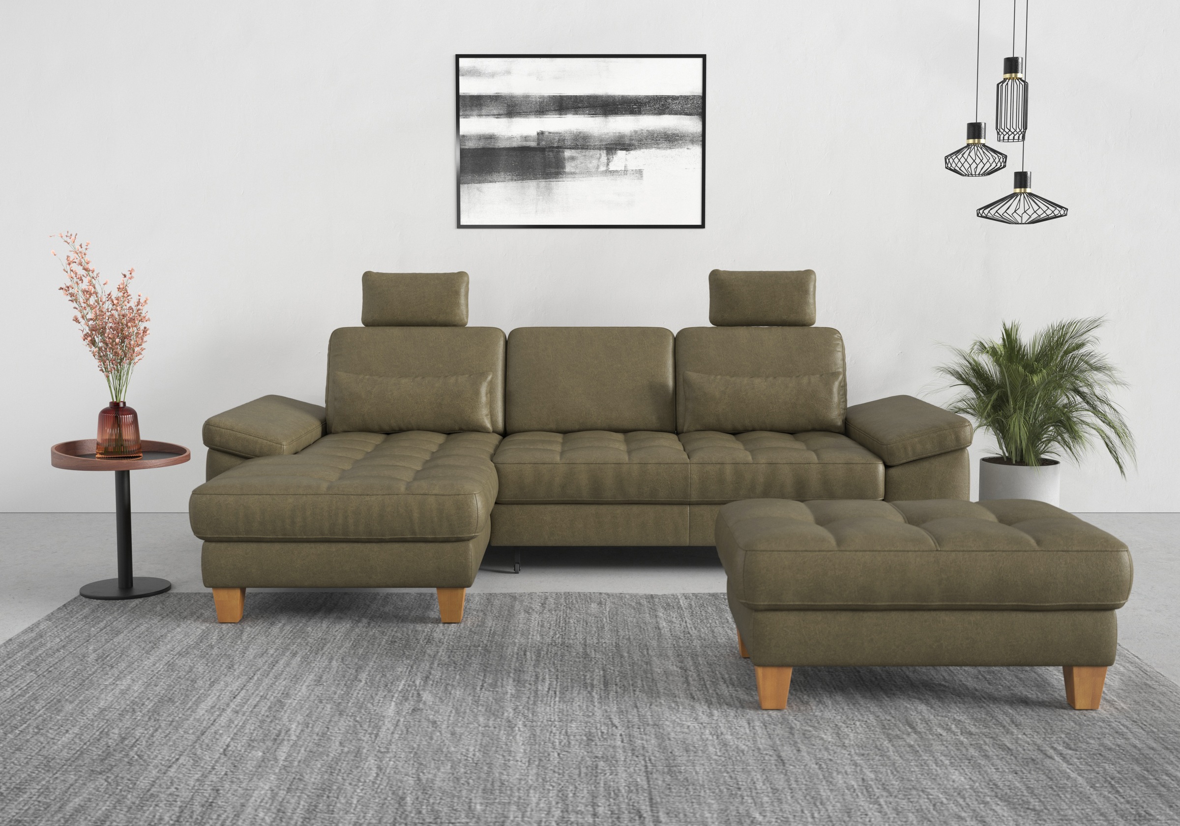 Ecksofa SIT & MORE "Westham L-Form", grün (olive), B:275cm H:88cm T:172cm, 100% Polyester, Sofas, Ecksofa, mit Recamiere, mit oder ohne Bettfunktion, Bettkasten, Füße Eiche 5