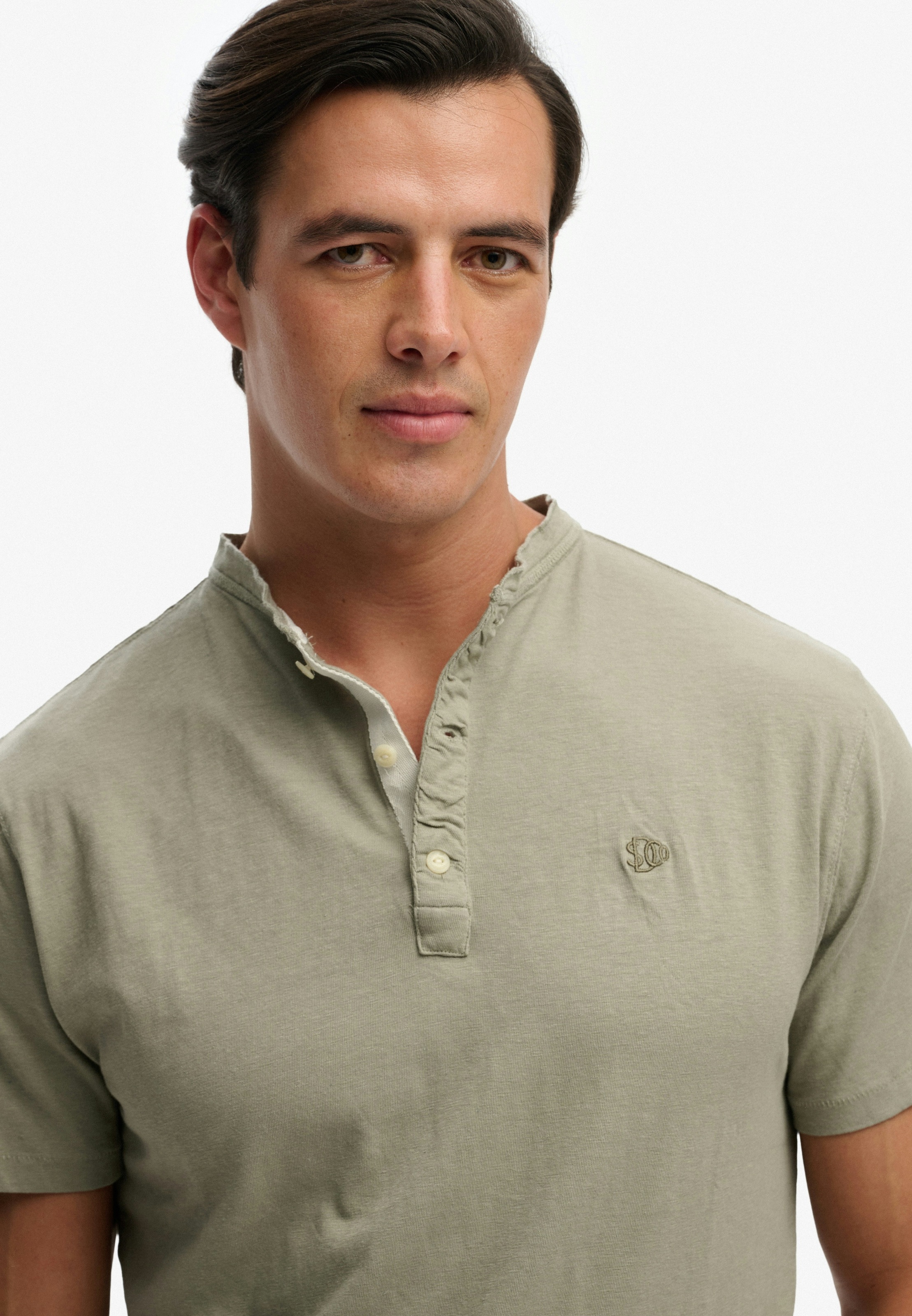 Superdry T-shirt à Manches Courtes Classic Cotton Lin Grandad Light Khaki Green M Homme 3