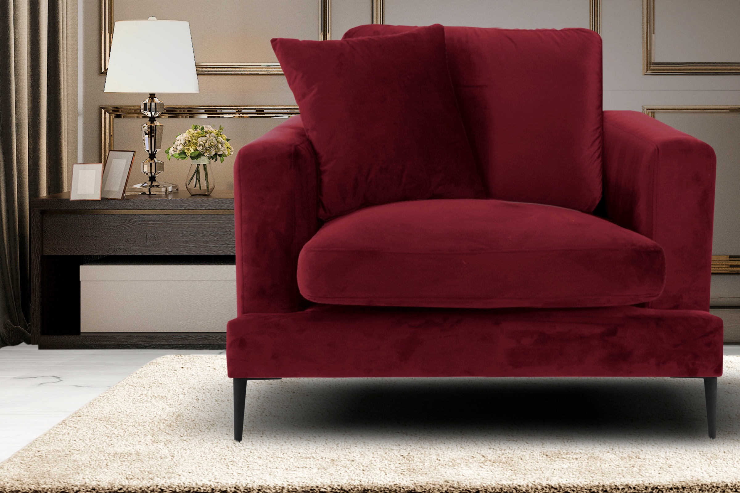 Leonique Sessel »Cozy Loungesessel, Designersessel, Maße B/T/H: 91/97/80 cm«, mit Metallbeinen und Zierkissen
