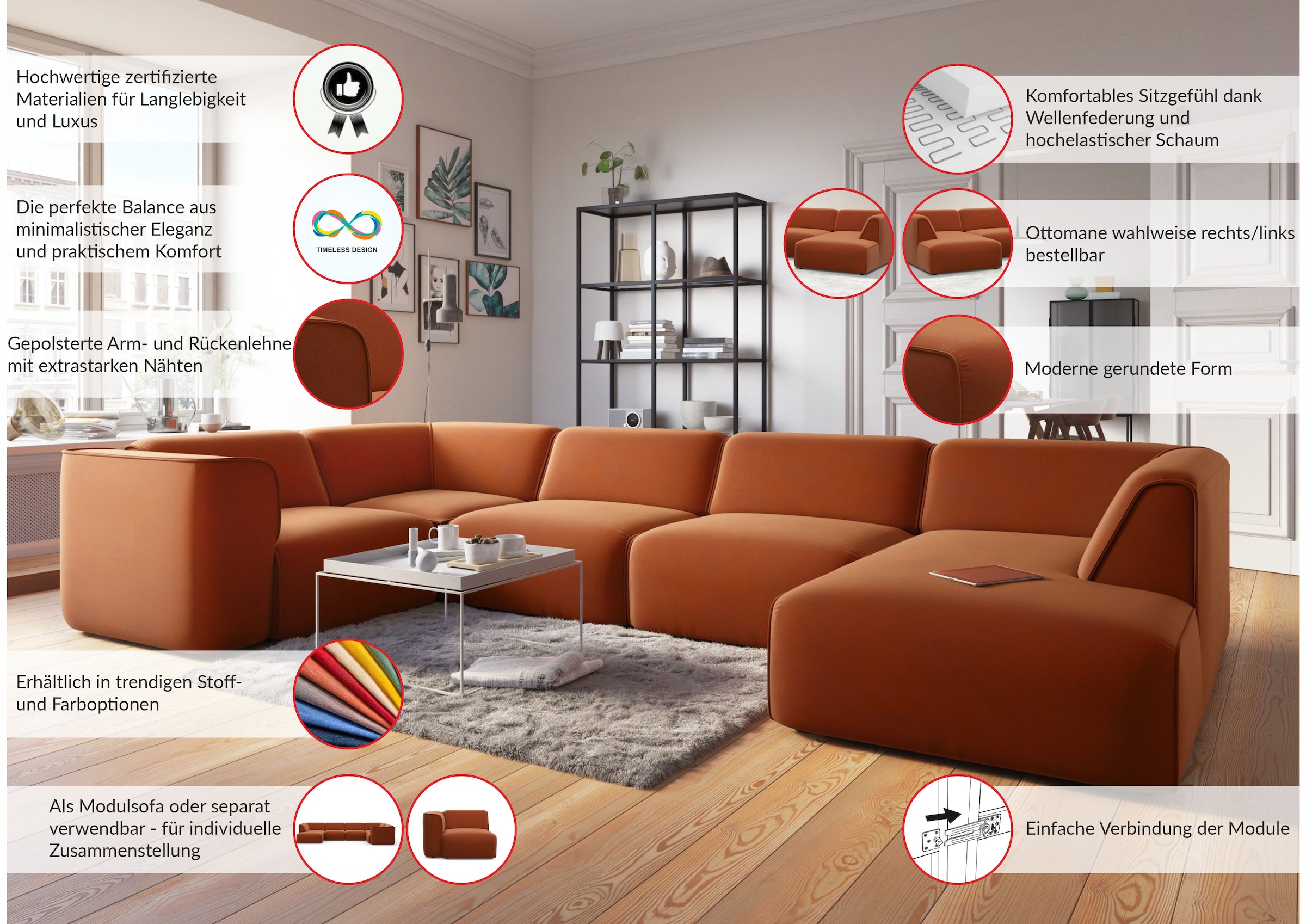 RAUM.ID Wohnlandschaft »Merid U-Form, jederzeit durch Module erweiterbar, B/T/H: 367/206/70 cm«, als Modul oder separat verwendbar, für individuelle Zusammenstellung