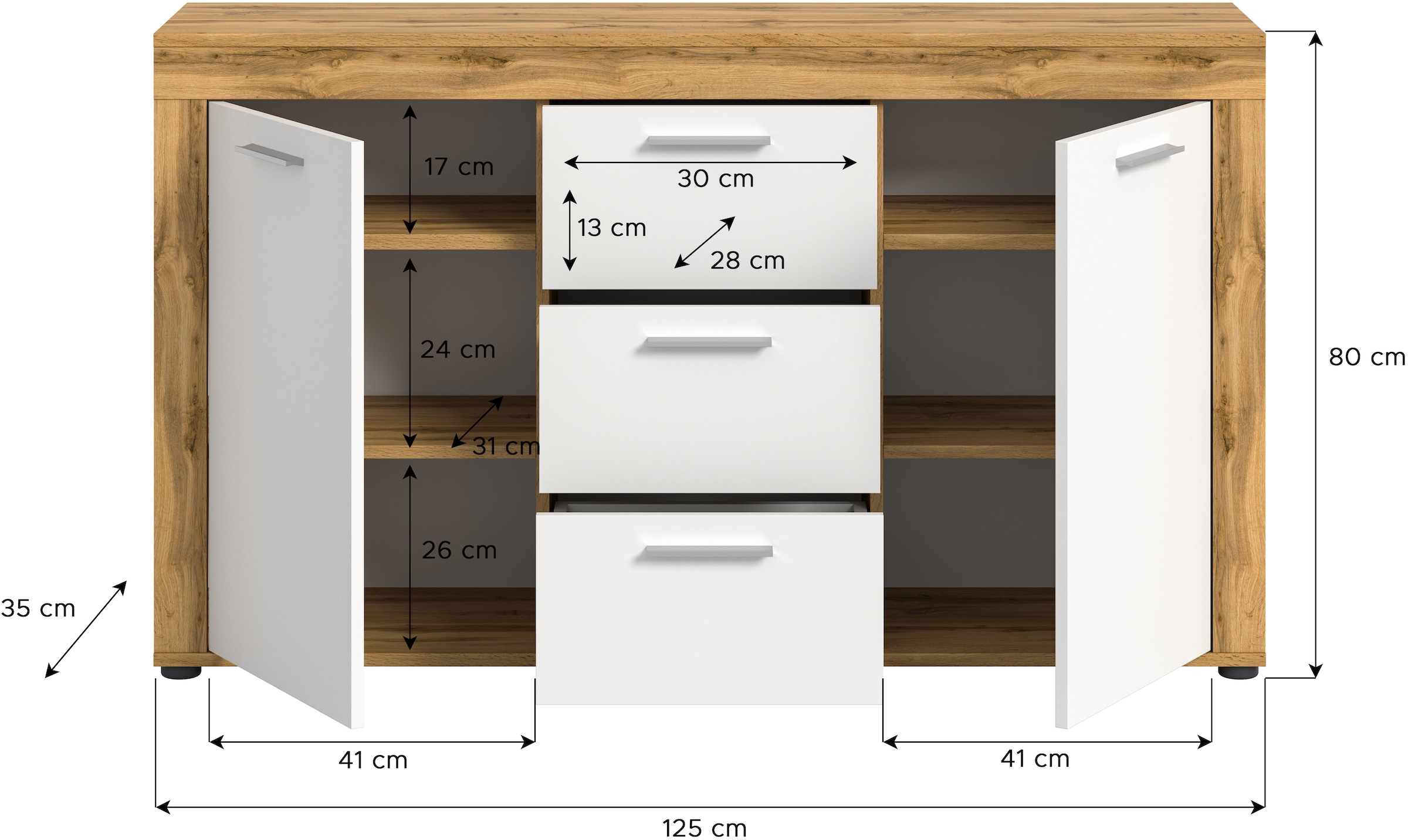 INOSIGN Sideboard »Sideboard 125x80x35 cm in Eiche mit weißer Front«, Wohnzimmer, Wohnzimmermöbel, Kommode, Schrank, Sideboard