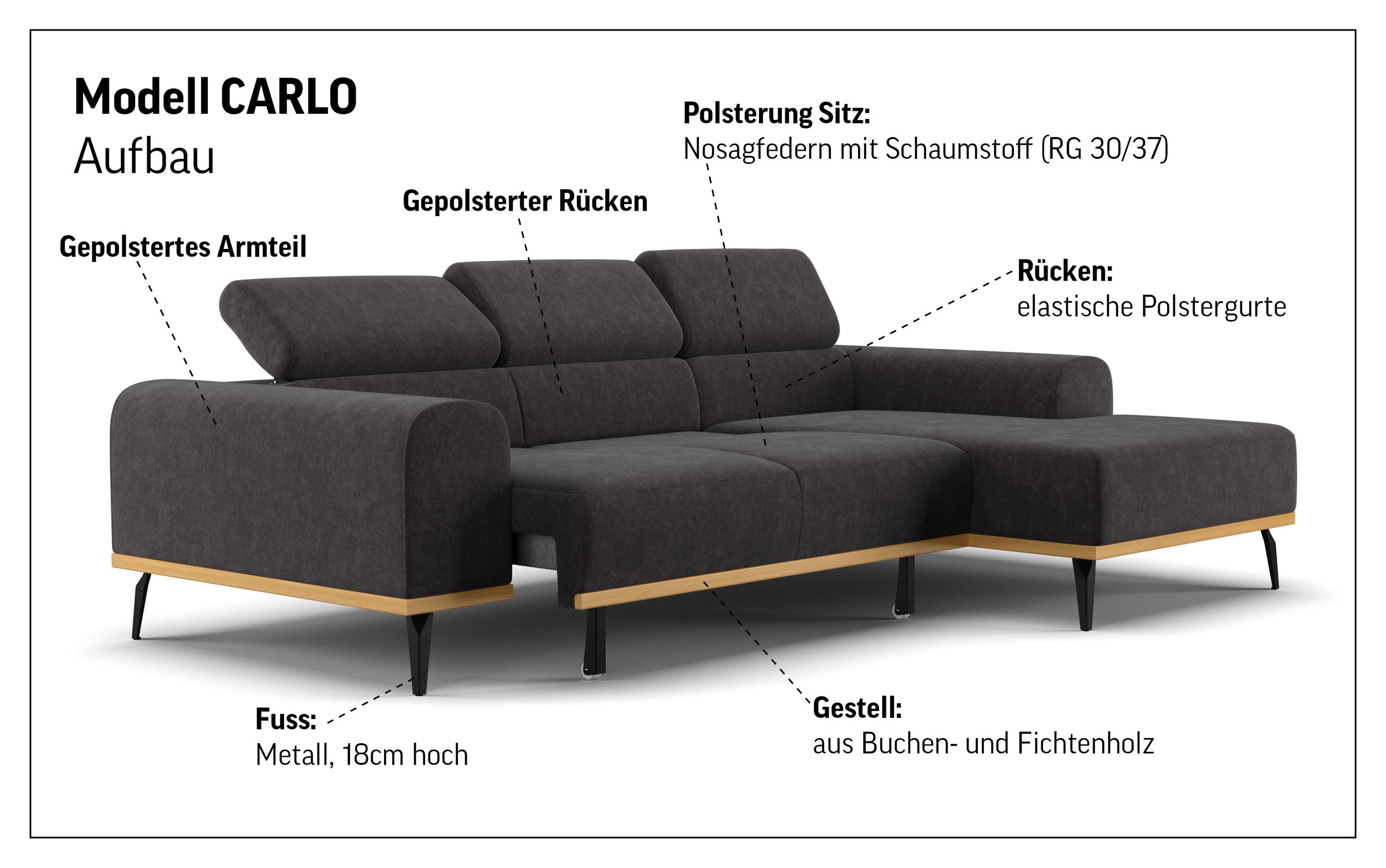 Thumbnail - Home affaire Ecksofa "Carlo L-Form" mit Kopfteilverstellung & Holz-Rahmenoptik, wahlweise Relaxfunktion