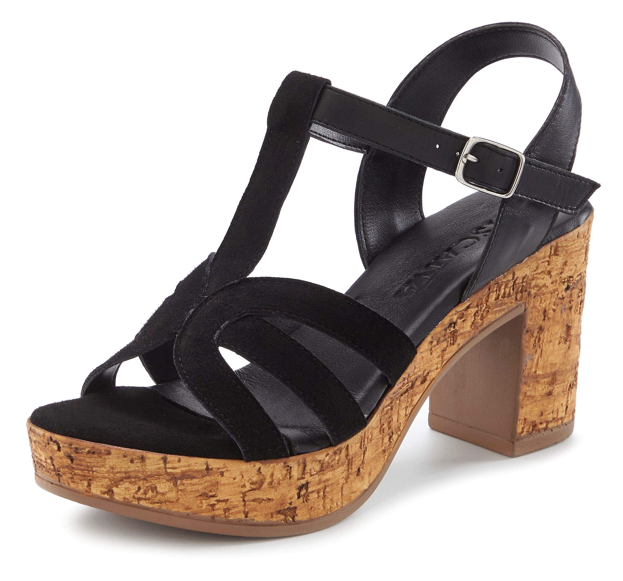 LASCANA Sandalette »Riemchensandalette, Sandale, T-Strap-Sandalette, Sommerschuh«, aus Leder mit Blockabsatz