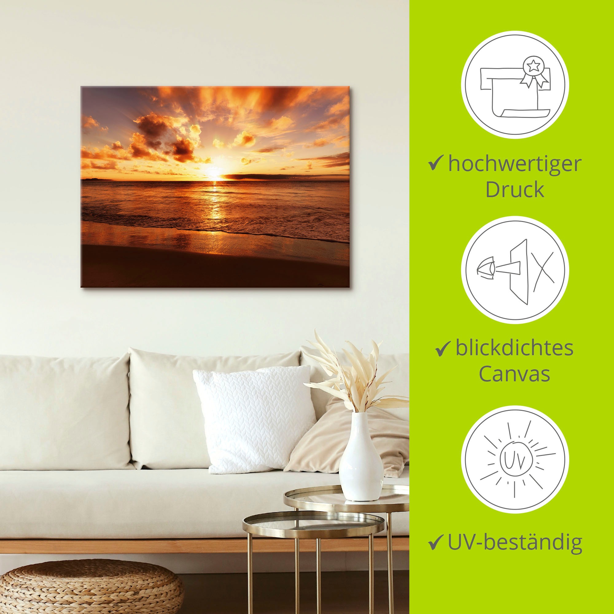 Artland Wandbild »Schöner Sonnenuntergang Strand«, Gewässer, (1 St.), als Leinwandbild, Poster, Wandaufkleber in verschied. Größen