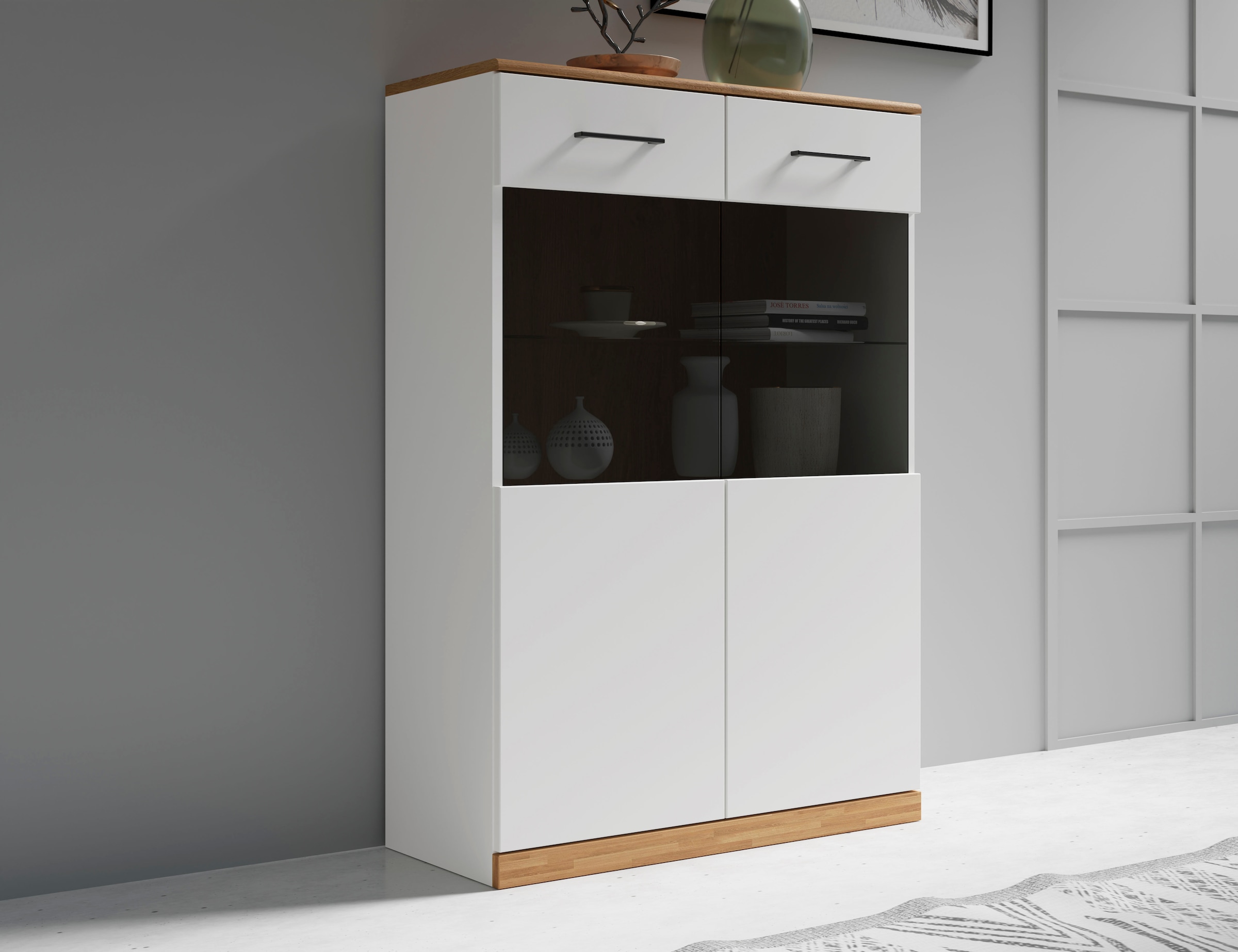 OTTO home Vitrine "Ribe, 125 cm hoch, Fronten Massivholz, 4 breite Fächer" günstig online kaufen
