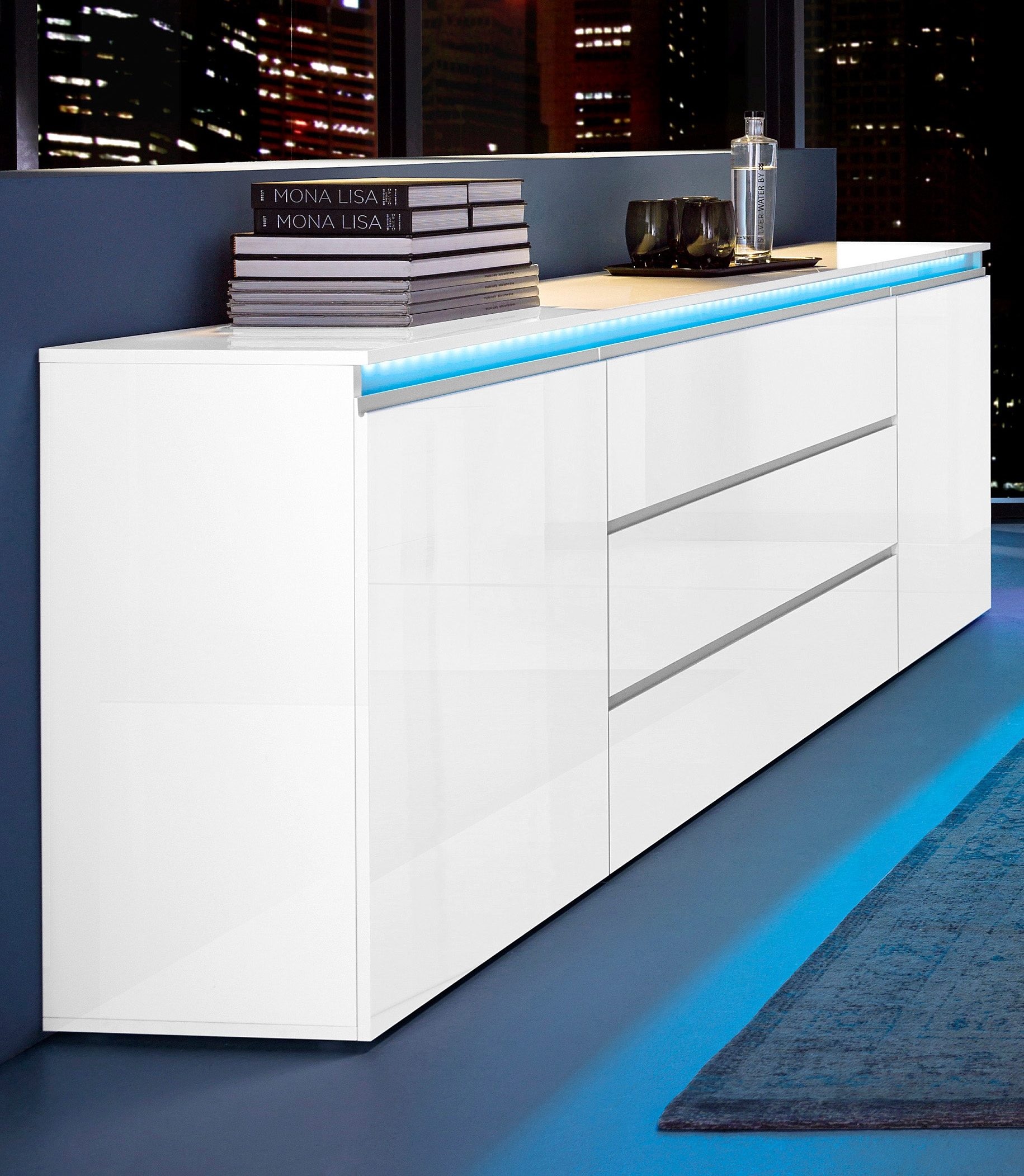 INOSIGN Sideboard »Magic, Kommode, Schrank, Kredenz«, mit 2 Türen und 3 Schubkästen Hochglanz lackiert (B/T/H) 240x40x80 cm