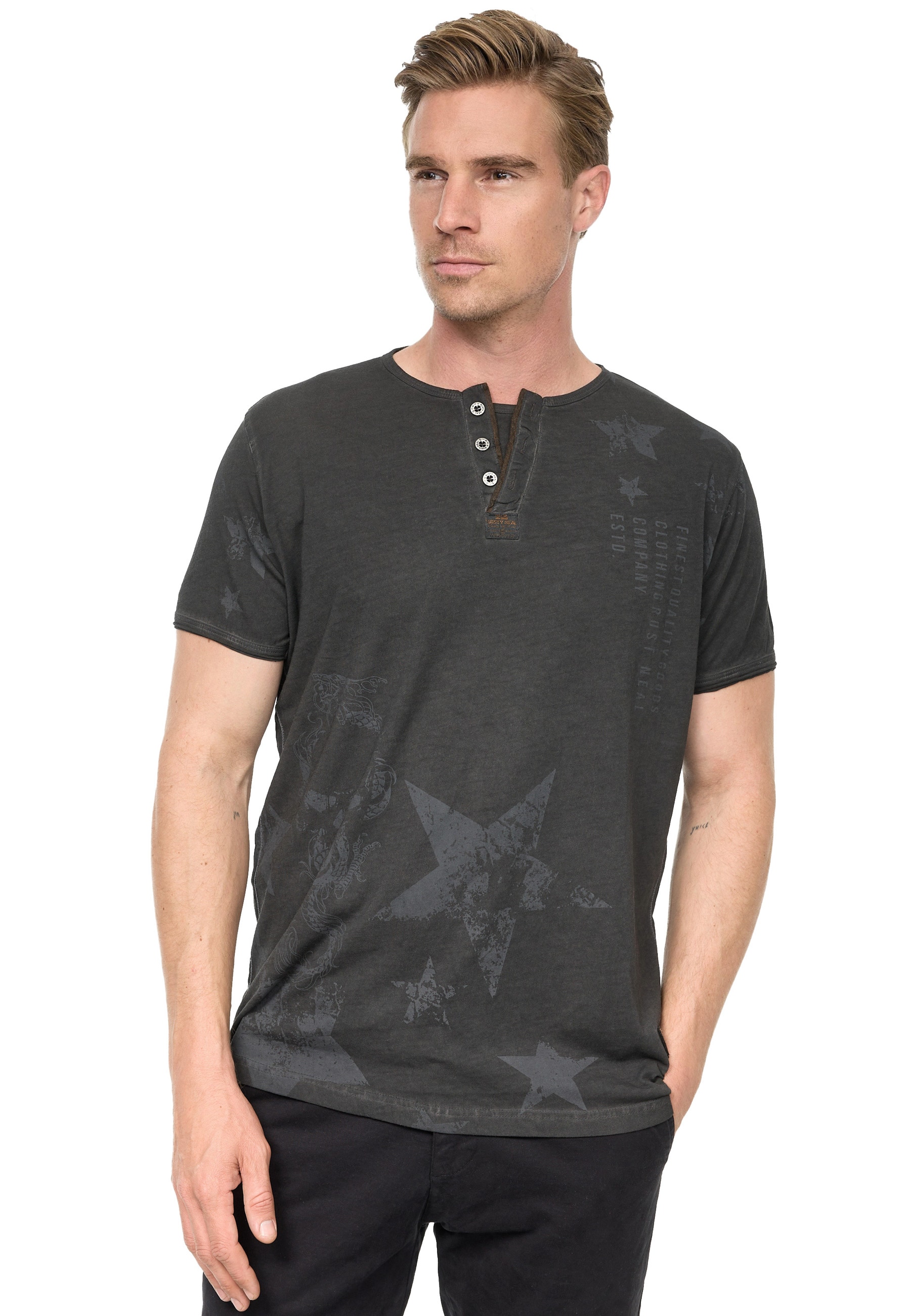 T-Shirt, mit Skull-Print und Knopleiste