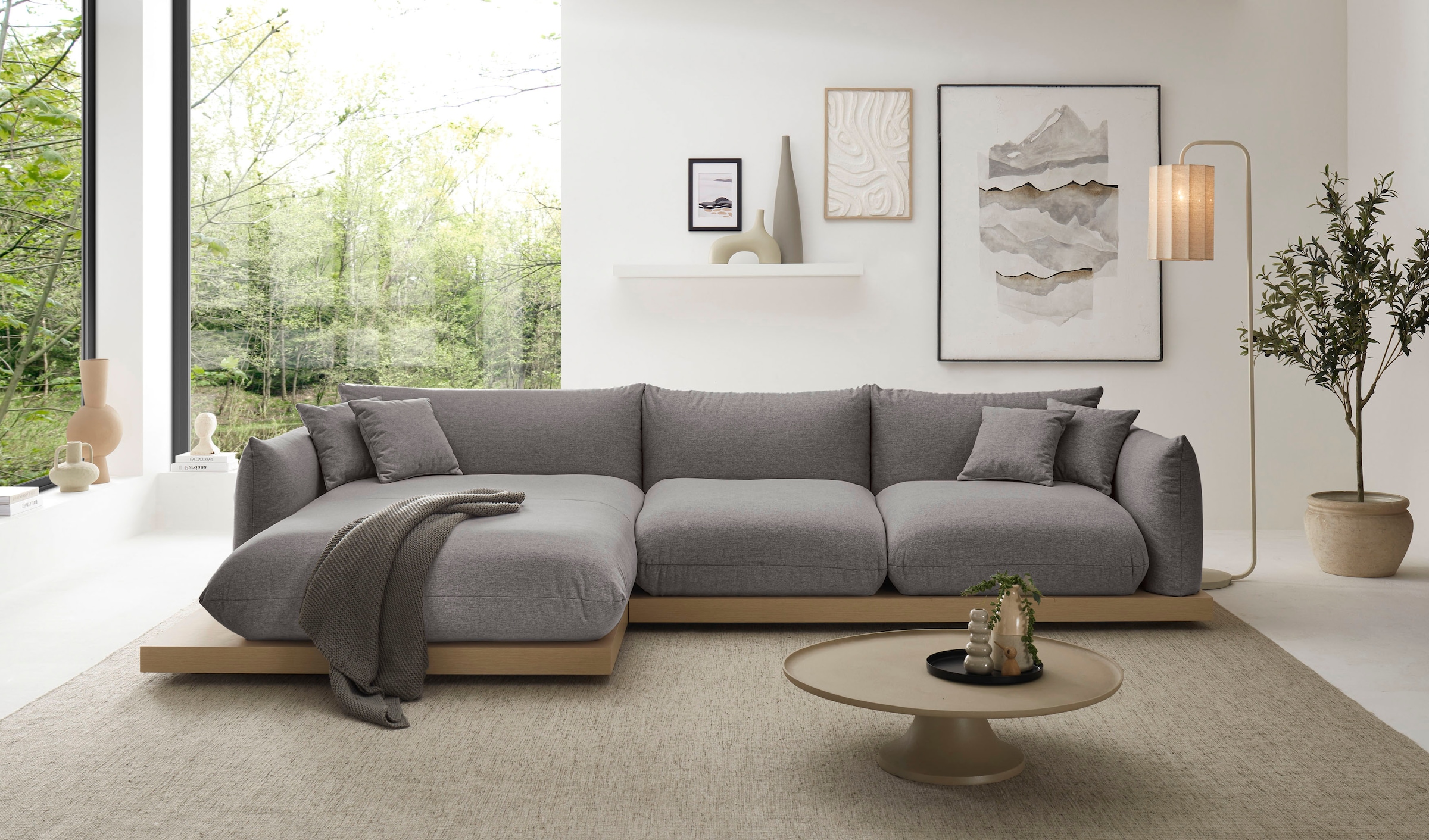 OTTO home Ecksofa »Kalix, Polsterecke mit kräftigem Holz-Plateau, moderne Couch in L-Form«, wahlweise Recamiere links o. rechts, Strukturstoff, hoher Sitzkomfort