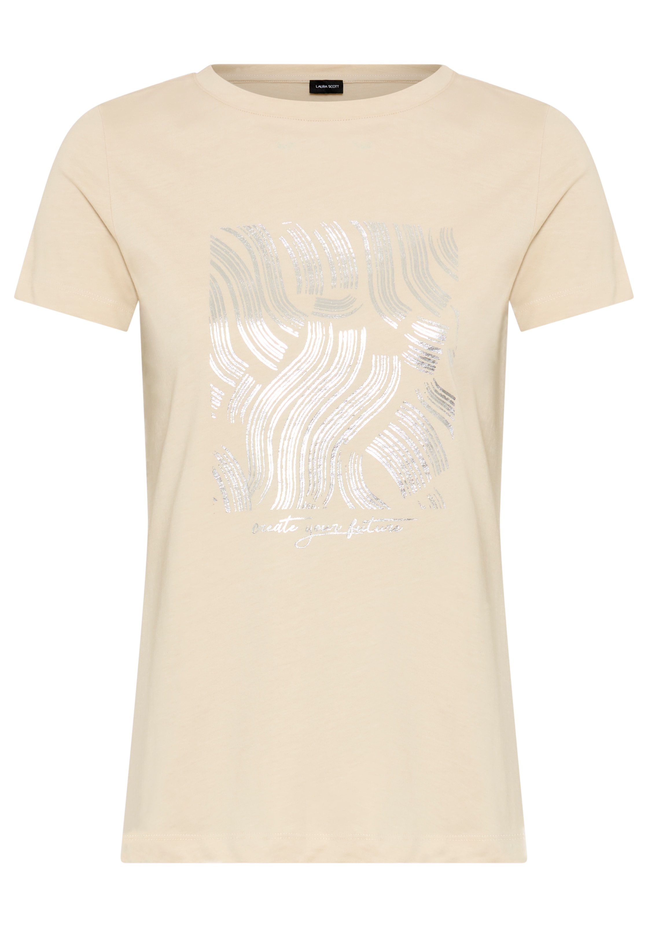 Laura Scott T-Shirt mit schimmerndem Folienprint, hüftlange Basic-Passform