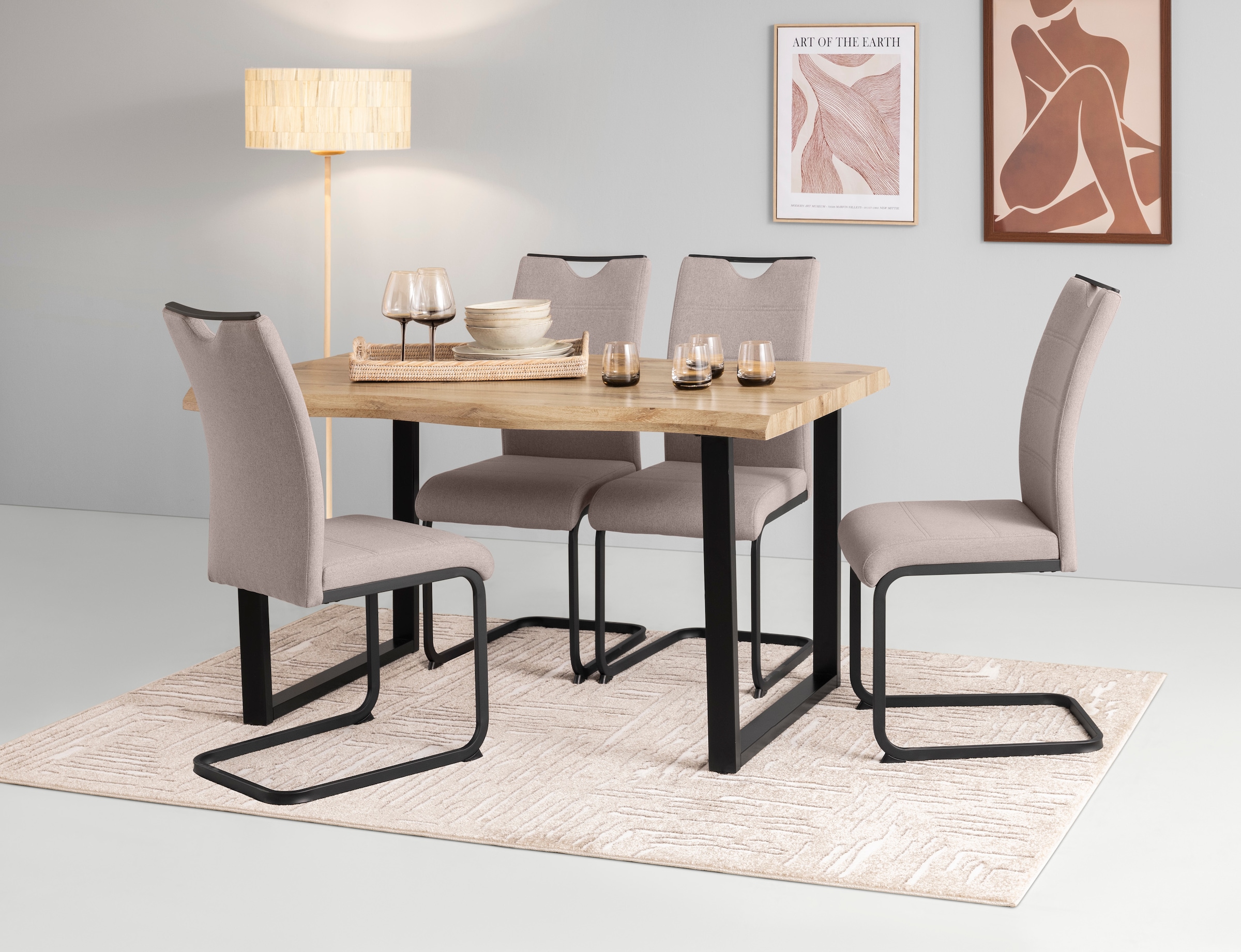 HELA Essgruppe "GISELLE Esszimmer, Essgruppe, Sitzgruppe" Set, 5er Set, Tisch plus 4 Stühle, 5 Stk. tlg. Esstisch U-Gestell Metall, Tischplatte mit Baumkante, OTTOs Choice