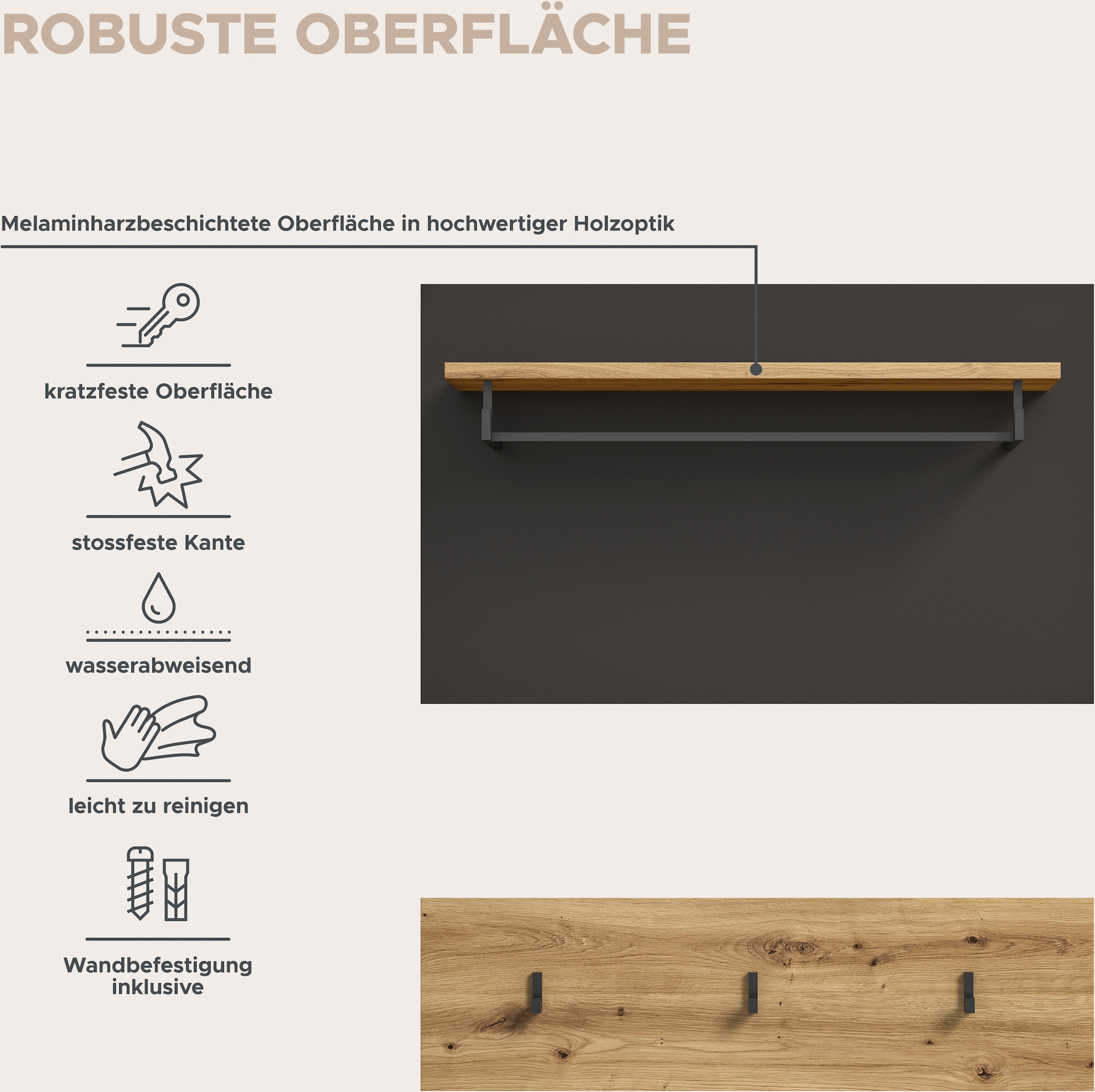 INOSIGN Garderobenpaneel »REHAT, TOPSELLER!, 2-teilig, bestehend aus: Paneel & Hakenleiste«, Wandgarderobe, Paneel