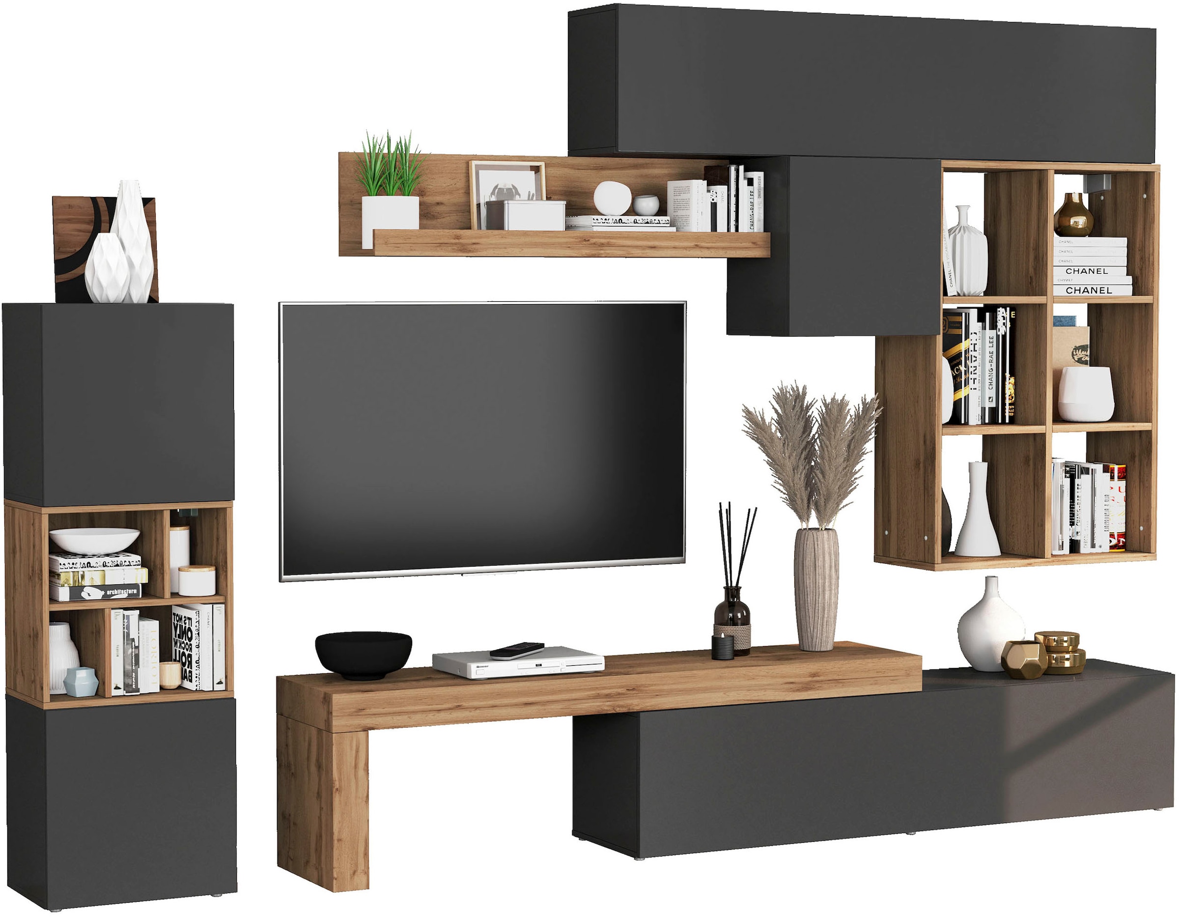 INOSIGN Wohnwand »Chronos Wohnwand, Medienwand, 8-er set«, (Set, 8 St.), ca. 320 cm mit Hängeschränke, Würfel, Regal, Lowboard, Made in Italy
