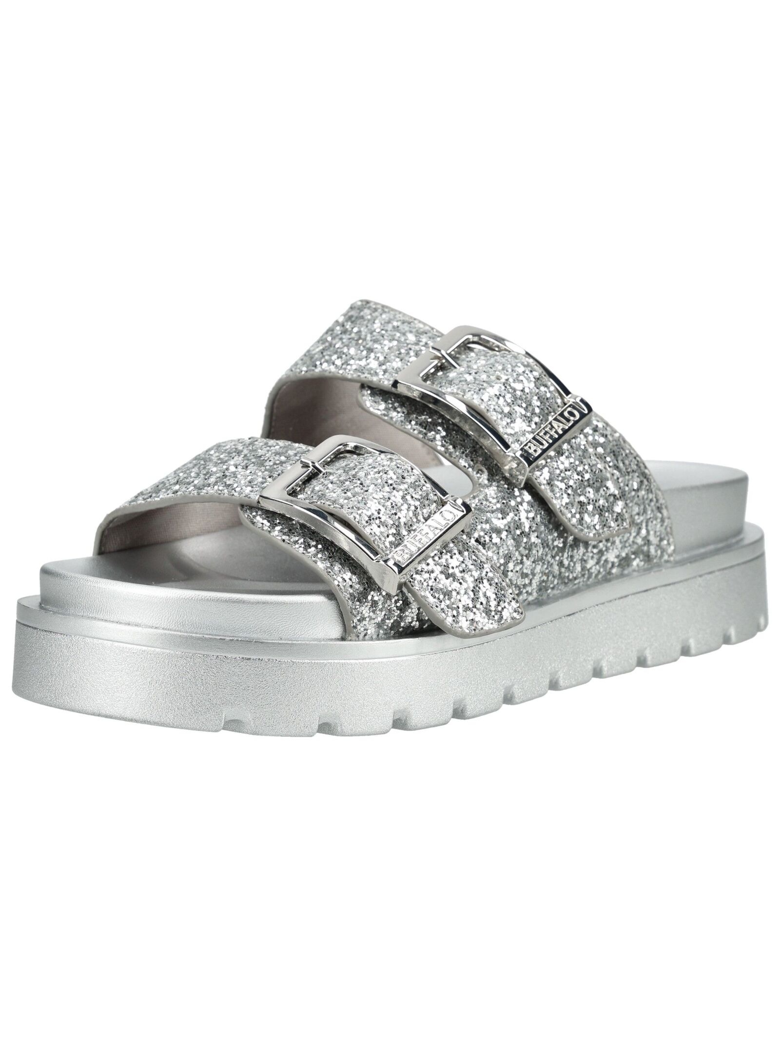 Pantolette BUFFALO "Buffalo Pantoletten Lederimitat", Damen, Gr. 38, silber, Lederimitat, Schuhe Pantolette