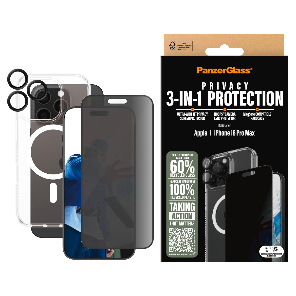 Displayschutzglas »3-in-1 Privacy Protection, Glass, Hoops, Case«, für Apple iPhone 16...