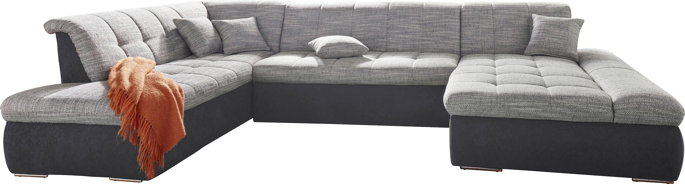 DOMO collection Wohnlandschaft »PB Moric wahlweise mit Bettfunktion und Armteilverstellung  U-Form«, XXL-Format B/T/H: 353/216/80 cm, feine Steppung, incl. Zierkissen