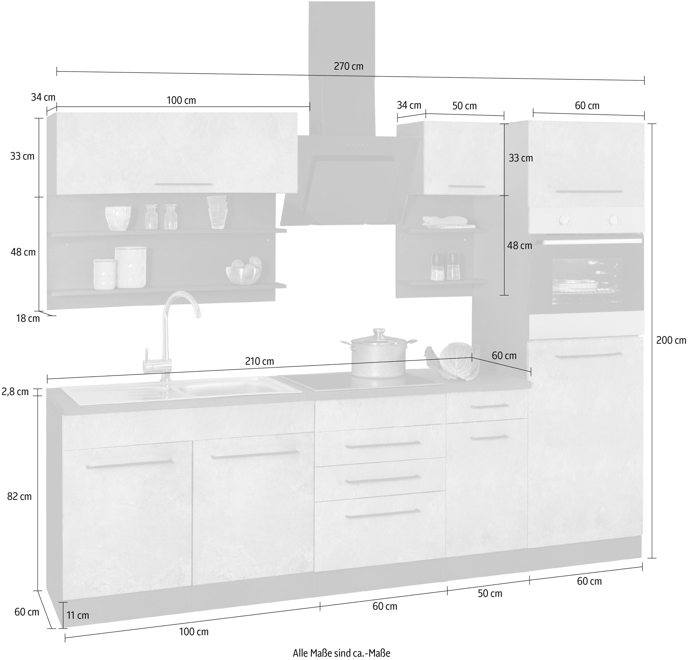 KOCHSTATION Küchenzeile »KS-Tulsa«, ohne E-Geräte, Breite 270 cm, schwarze Metallgriffe, MDF Fronten
