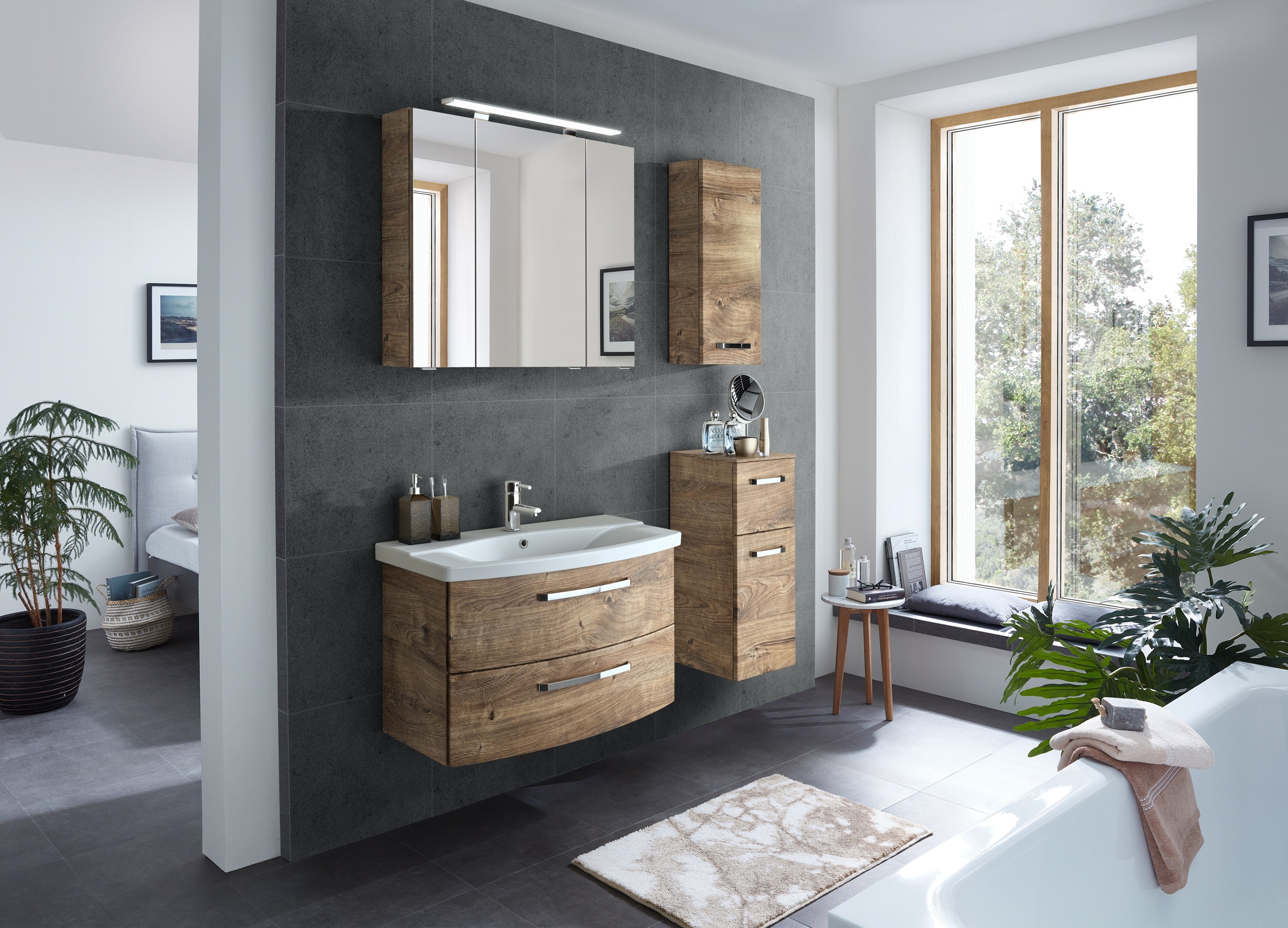 Saphir Badmöbel-Set »Serie 4010 2-teilig Keramik-Waschtisch mit LED-Spiegelschrank«, (Set), Badezimmer Set 84 cm breit, inkl. Türdämpfer, 3 Türen, 2 Schubladen