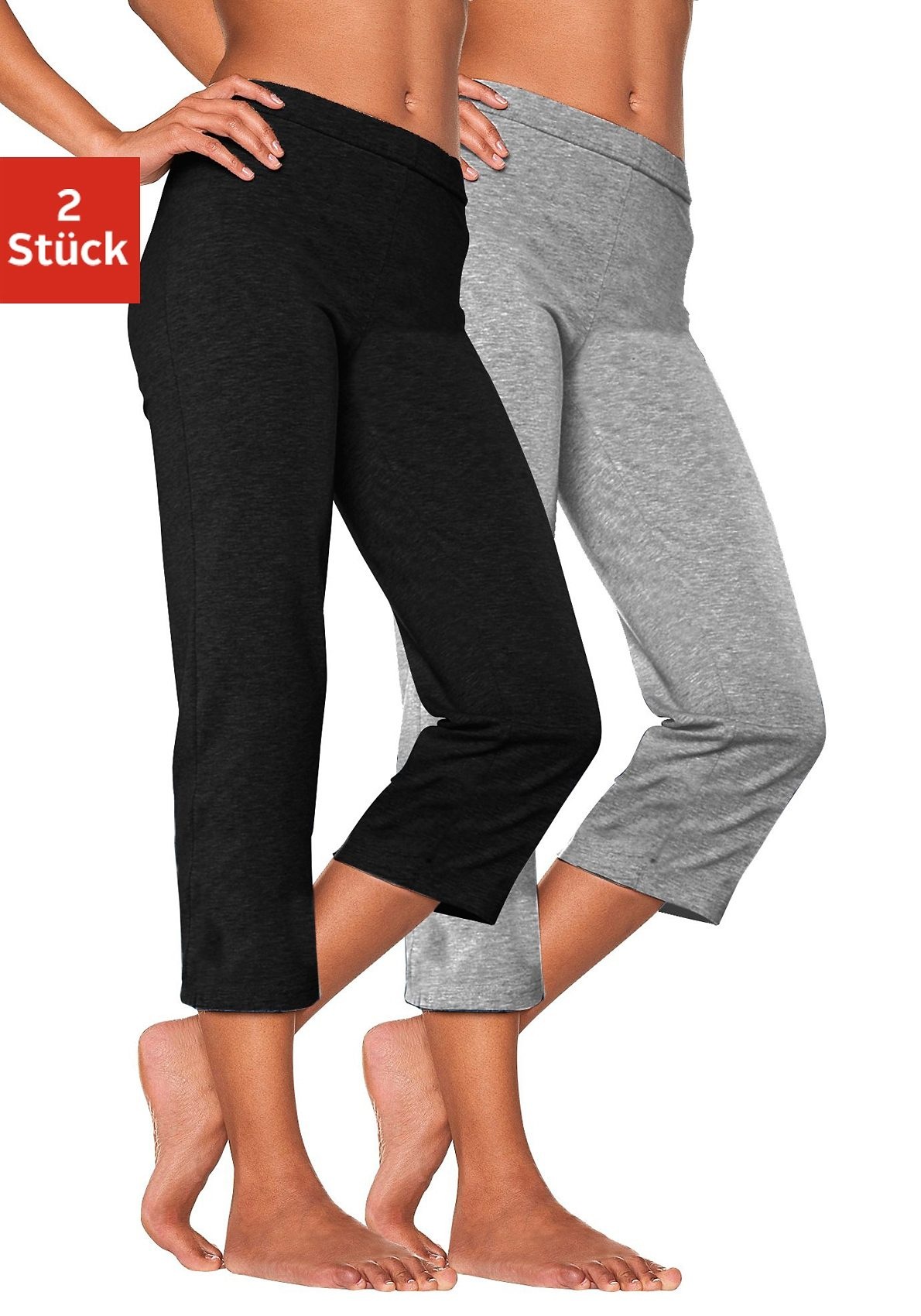 Caprihose VIVANCE ACTIVE, Damen, Gr. 32/34, N-Gr, grau (1x schwarz, 1x grau meliert), Single Jersey, Graumeliert (Obermaterial): 60% Baumwolle, 35% Polyester, 5% Elasthan. Obermaterial: 95% Baumwolle, 5% Elasthan, meliert, unifarben, Basic, eng 3/4-Länge,