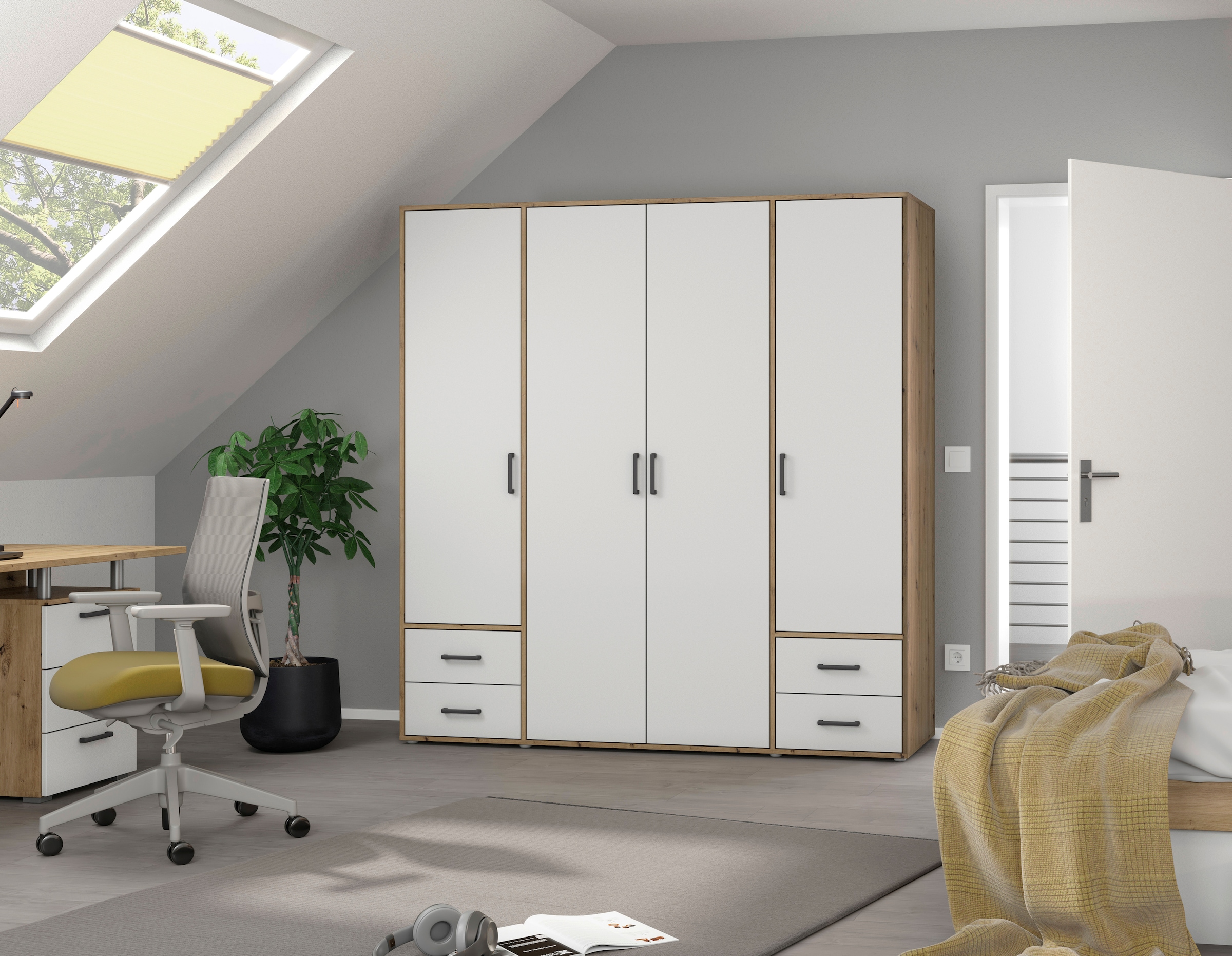rauch Drehtürenschrank "Kleiderschrank Schrank Garderobe Wäscheschrank VOYAGER" in 3 verschiedenen Ausstattungen BASIC/CLASSIC/PREMIUM, mit 2 modernen Griffvarianten, mit Außenschubladen MADE IN GERMANY