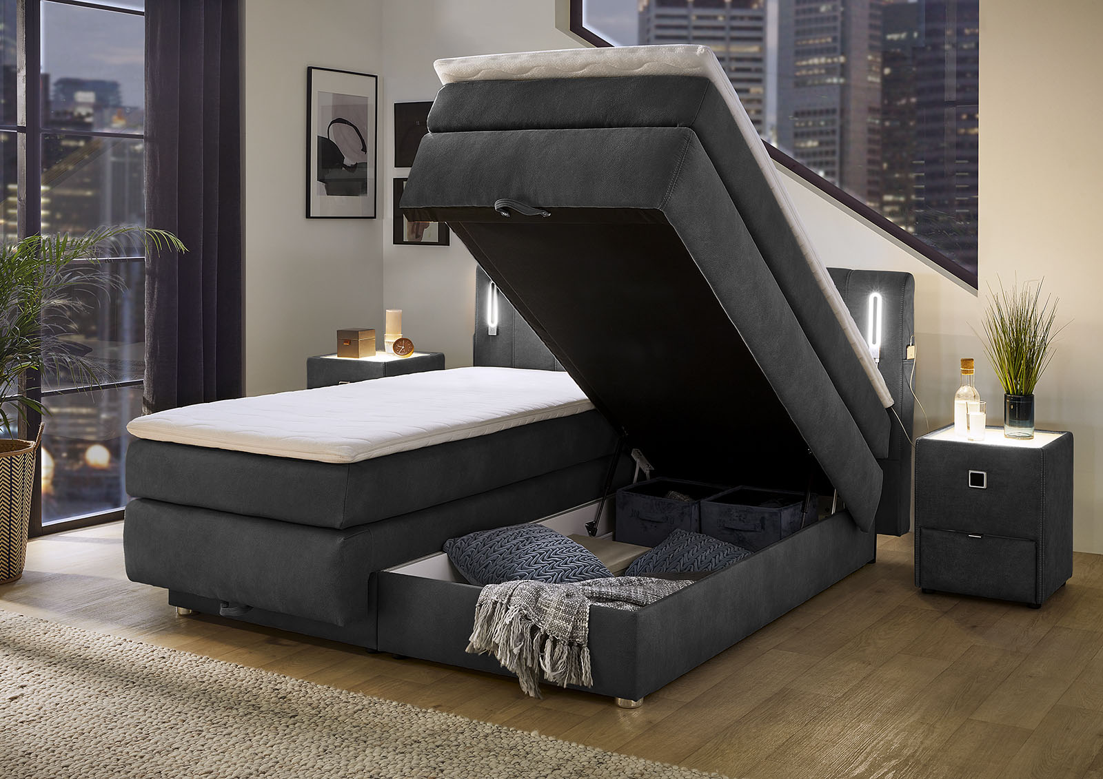 Thumbnail - Jockenhöfer Gruppe Boxspringbett Kati, mit Topper, Bettkasten, dimmbare LED-Beleuchtung und USB Ladeport