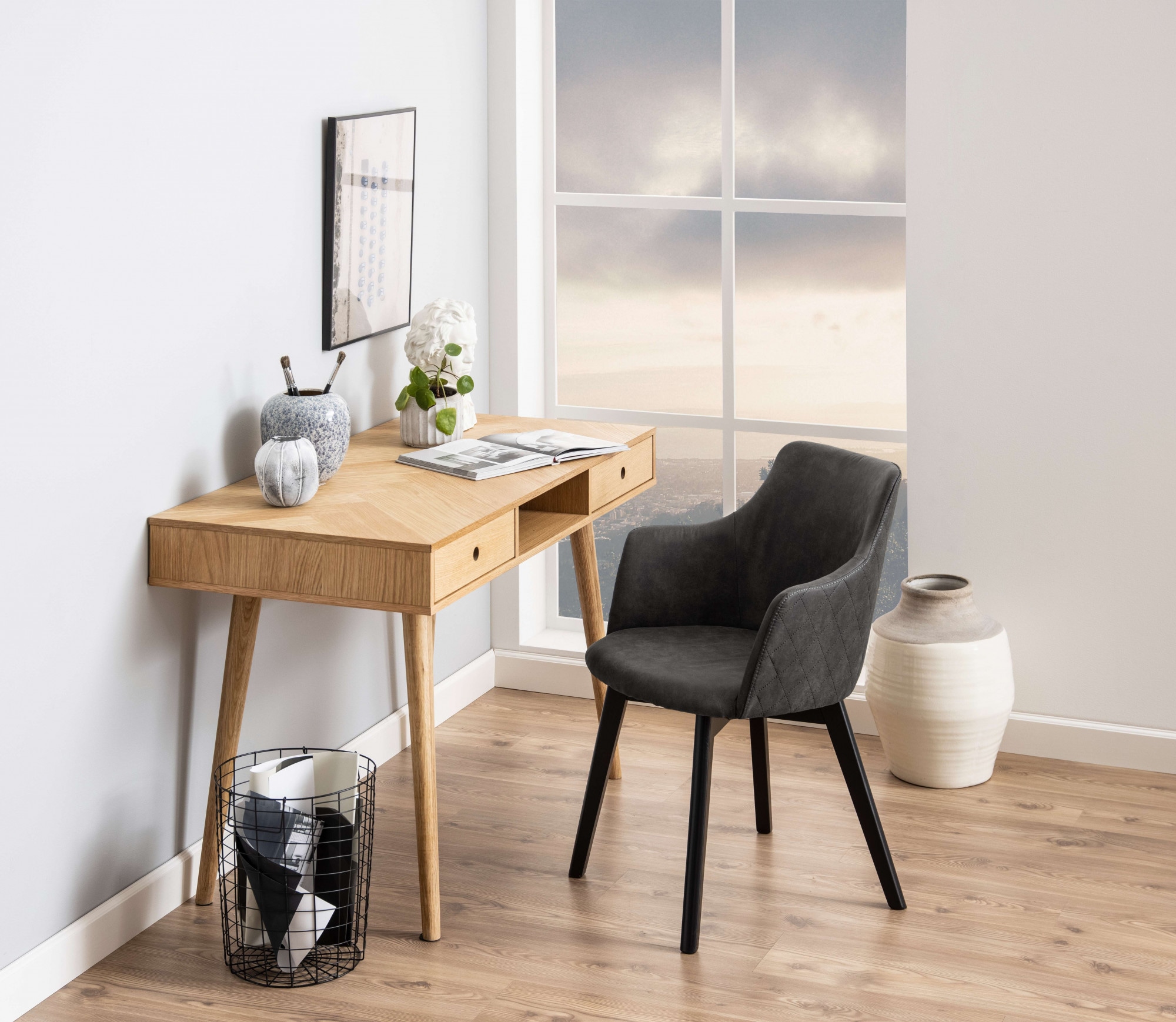 ACTONA GROUP Esszimmerstuhl »Bella«, Luxus-Microfaser, Armlehnstuhl anthrazitgrau, Eichebeine, Harlekinnähten, 2er-Set