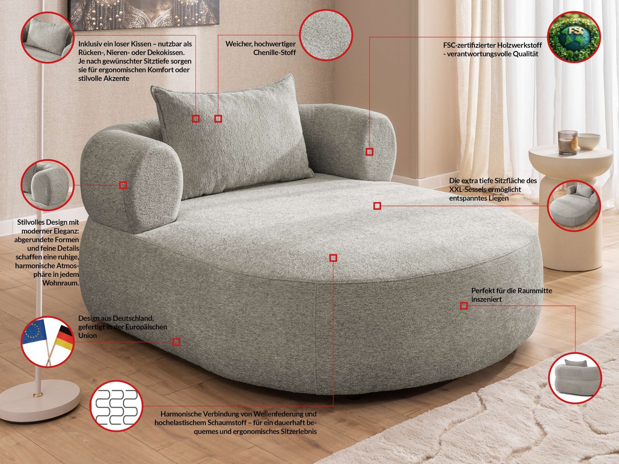 Home affaire XXL-Sessel »LUSSAC Loveseat extra tief, große Sitzfläche, Maße B/T/H: 123/158/78cm« hoher Sitzkomfort und modernes Design, Sofa ohne Bettfunktion