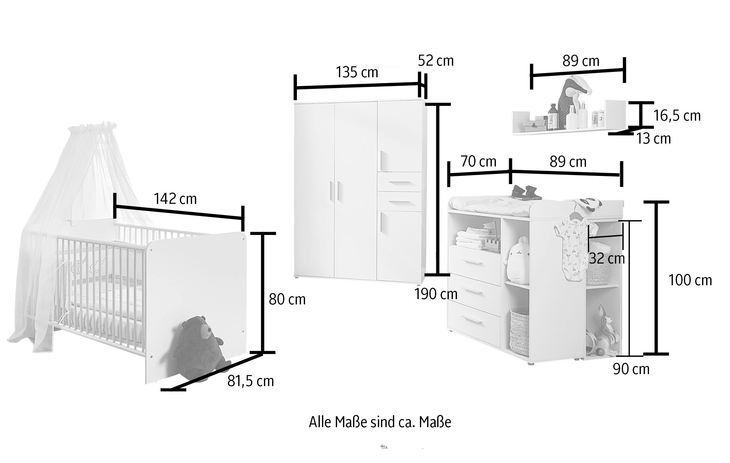 BMG Möbel Babyzimmer-Komplettset kaufen Bett, + BAUR 6 2x Wandboard St., + | Wandboard), Wickelkommode, Wickelkommode (Set, Bett Schrank »Lea«, + Unterbauregal, 4-trg. Unterbauregal + Schrank