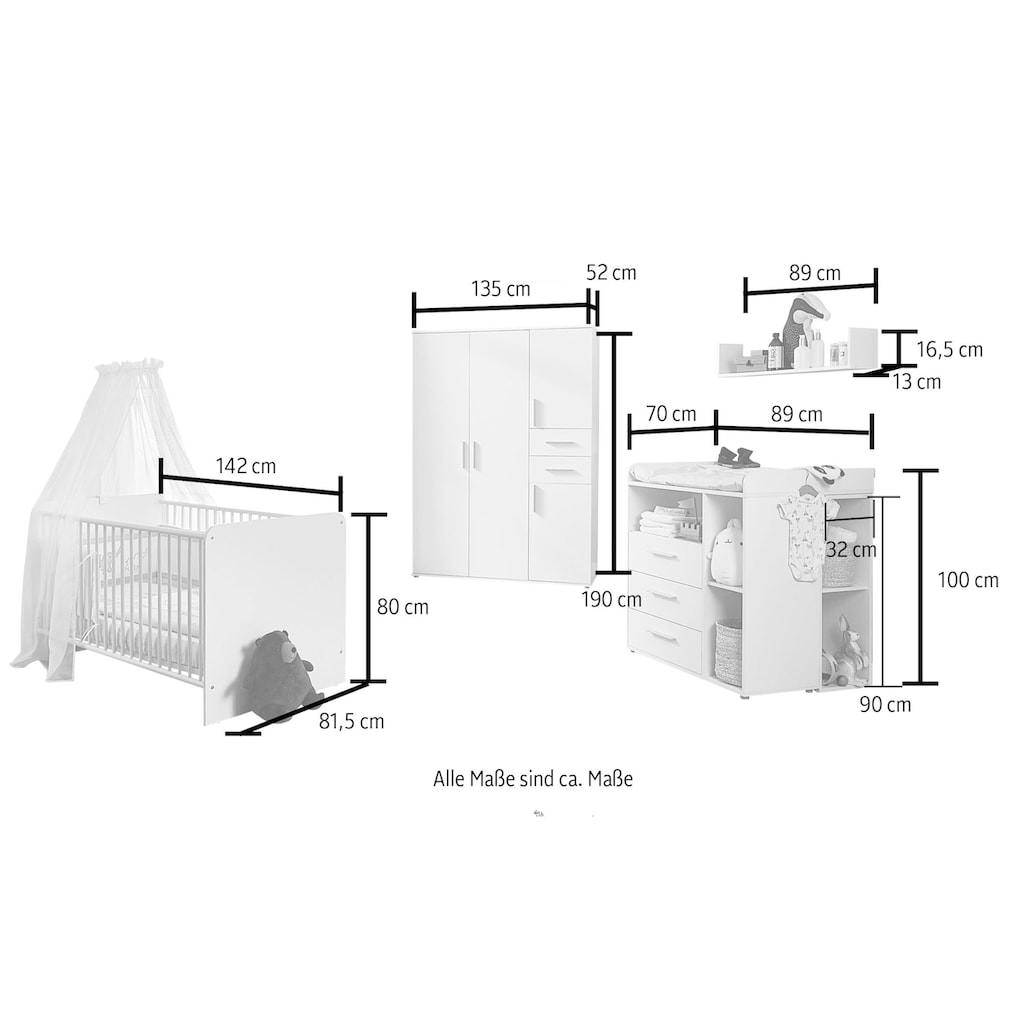 BMG Möbel Babyzimmer-Komplettset »Lea«, (Set, 6 St., Bett, Wickelkommode, Unterbauregal, Schrank, Wandboard)