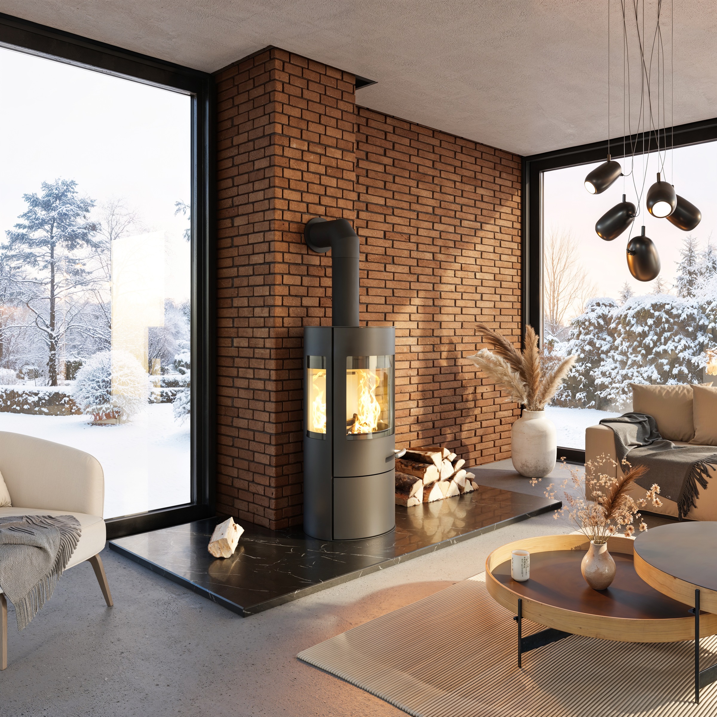 Haas + Sohn Kaminofen »VITUS.l Stahl, 3-Sichtscheiben, mit Kochplatte, mit Holzfach und Türe« tief-schwarz, 