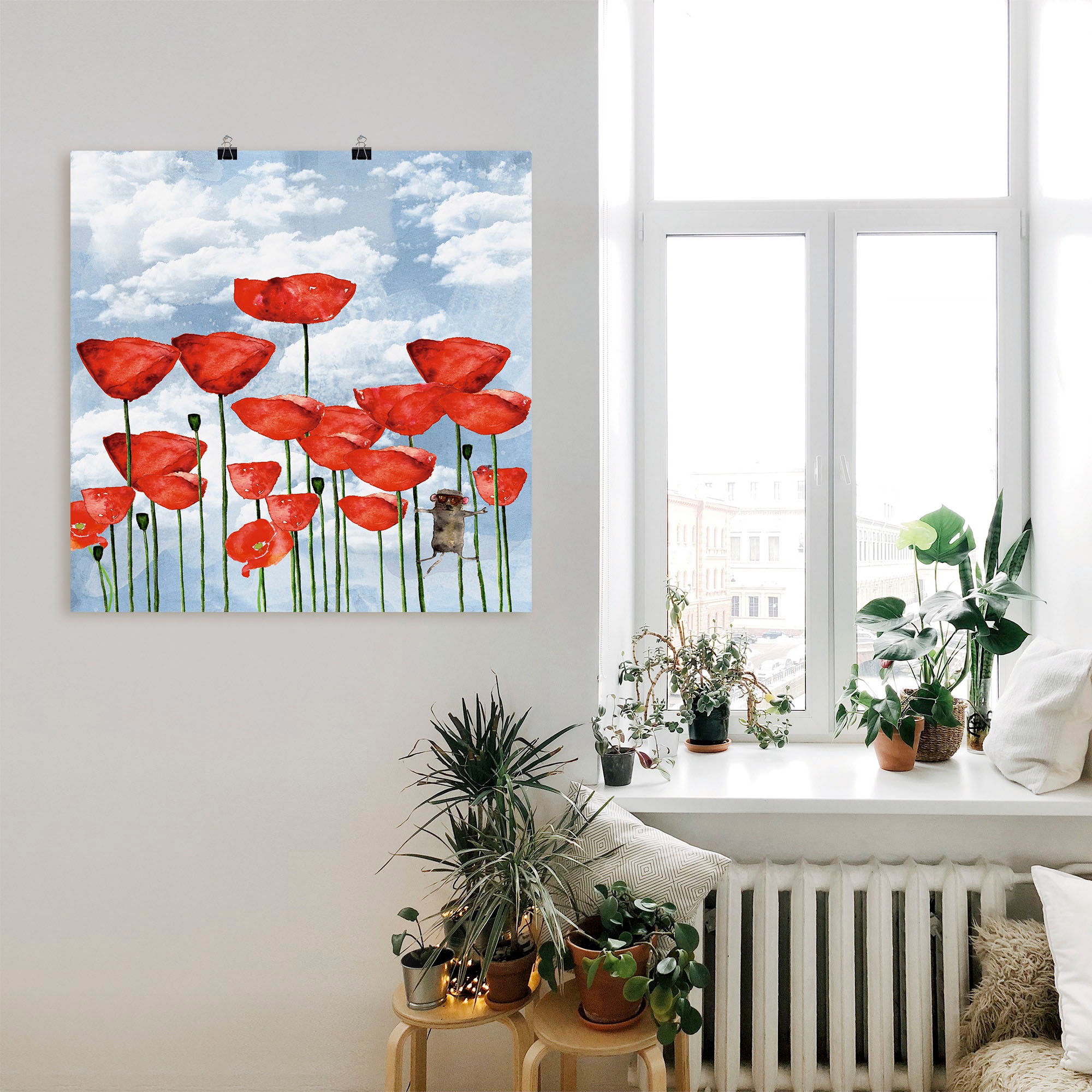 Artland Poster »Maus im Mohnfeld an einem bewölkten Tag«, Blumen, (1 St.), als Alubild, Leinwandbild, Wandaufkleber oder Poster in versch. Größen