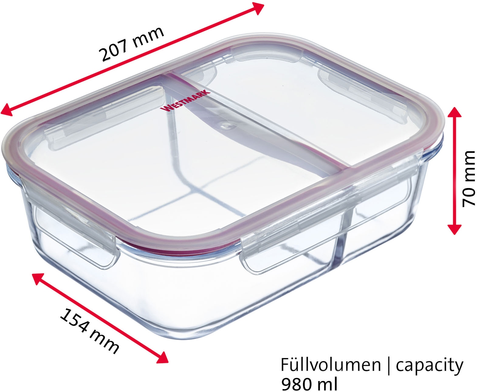WESTMARK Frischhaltedose »Glas-Frischhaltedose 980 ml, mit 2 separaten Fächern«, (1 tlg.), mikrowellen- und ofenfest, 980 ml = 550 + 430 ml