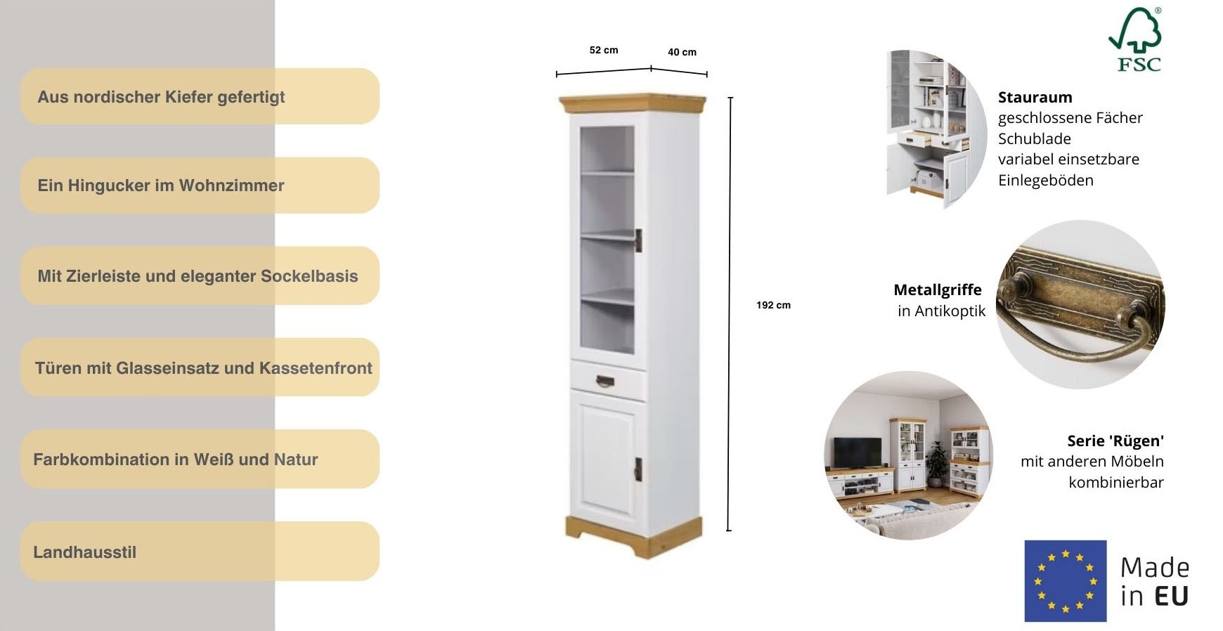 Thumbnail - Home affaire Vitrine "Rügen", zertifiziertes Massivholz, Höhe 192 cm, im Landhausstil