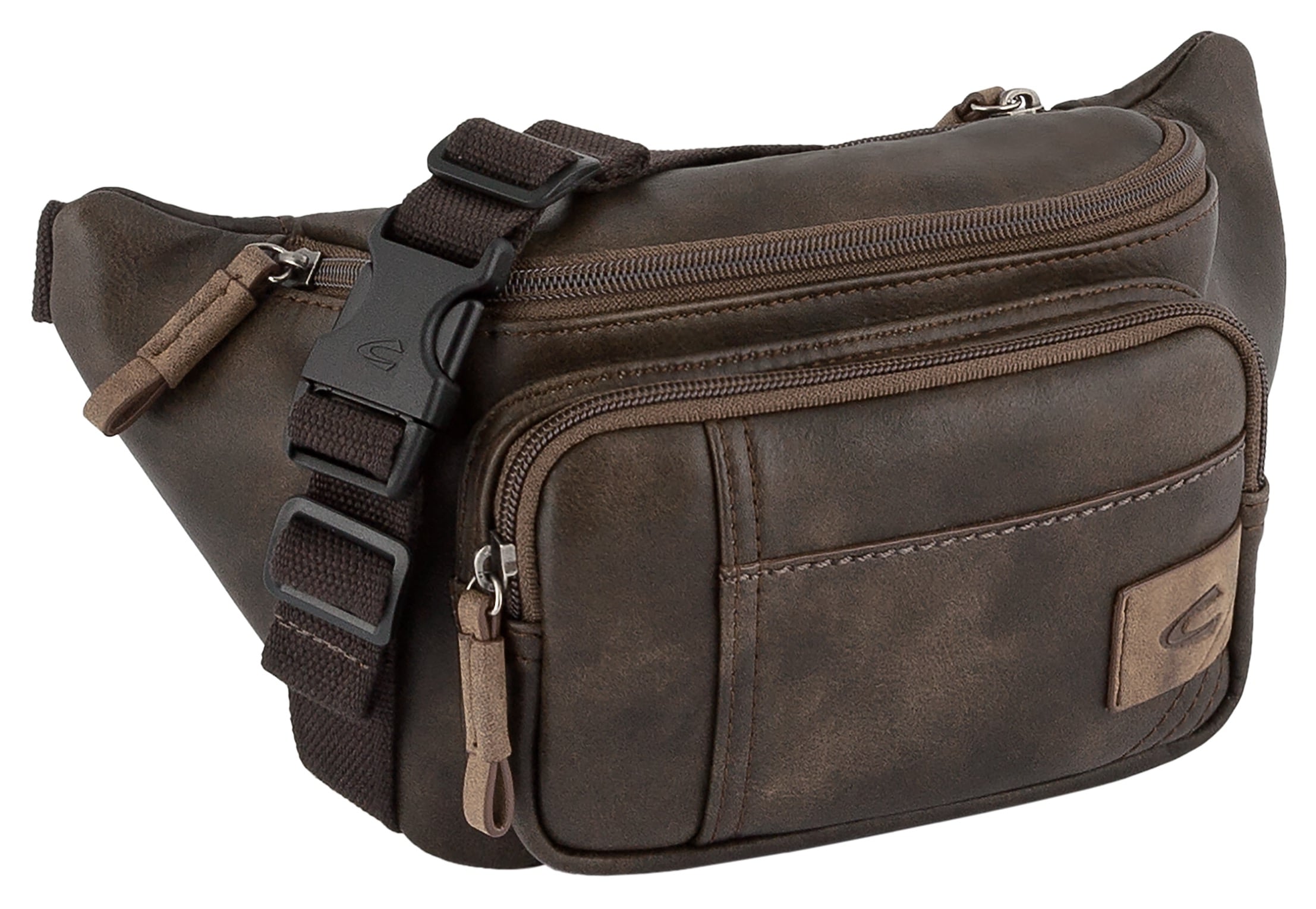 Bauchtasche CAMEL ACTIVE "Laos", Damen, Gr. B/H/T: 29cm x 16cm x 11cm, braun (dunkelbraun), Lederimitat, Retro, beschichtet, kontrastfarbene Details, leichte Abriebeffekte, Taschen, Unisex Gürteltasche, Crossbody-Bag mit praktischen Details
