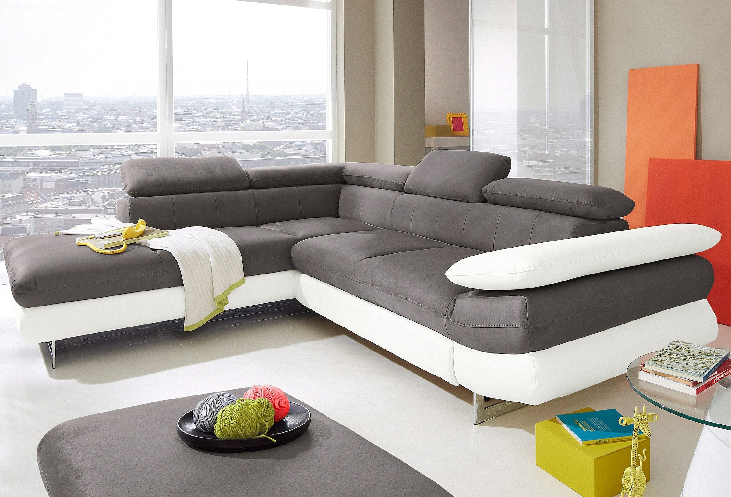 COTTA Ecksofa "Solution L-Form, Design Sofa, bequeme Wellenunterfederung, Design Fuß" mit Arm- & Kopfteilverstellung, wahlweise mit Schlaffunktion