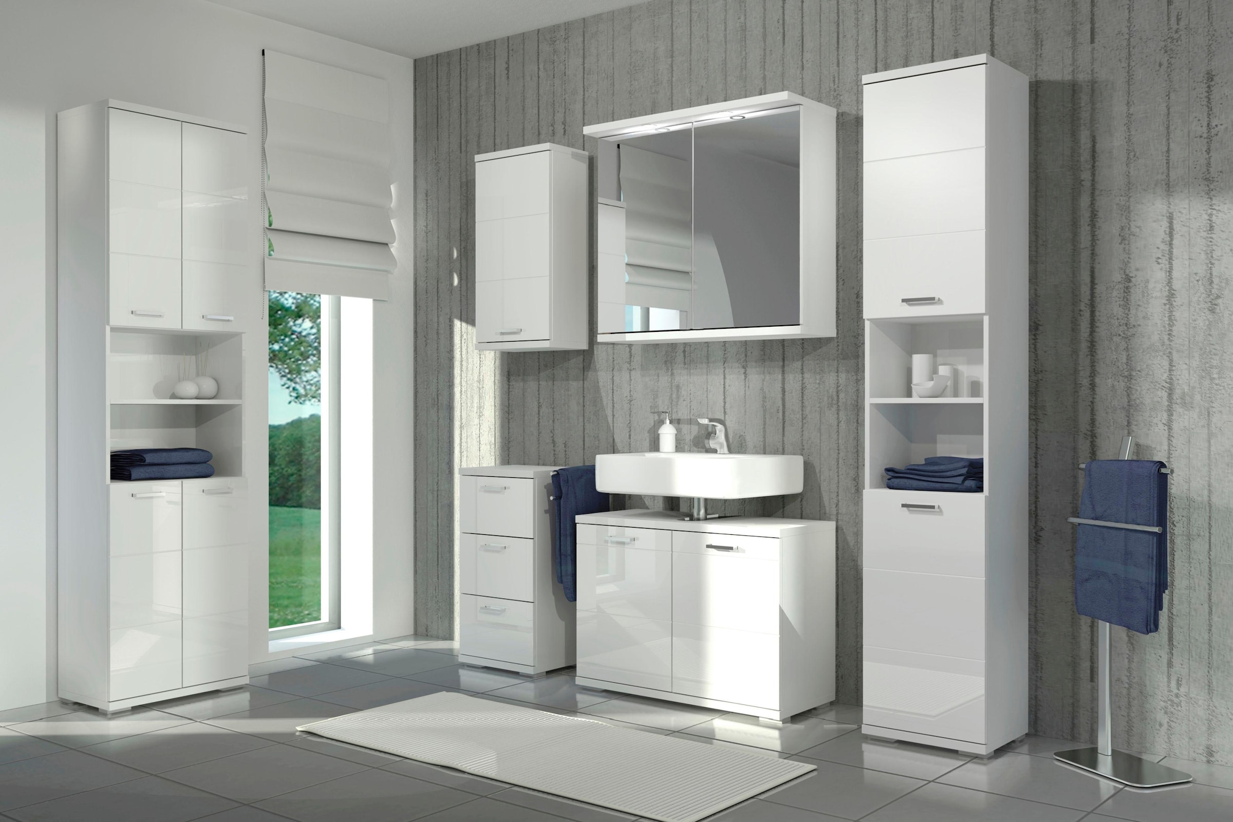 | Hochschrank, bestellen Spiegelschrank, BAUR (5 St.), Waschbeckenunterschrank Homexperts Badmöbel-Set »Nusa«, aus