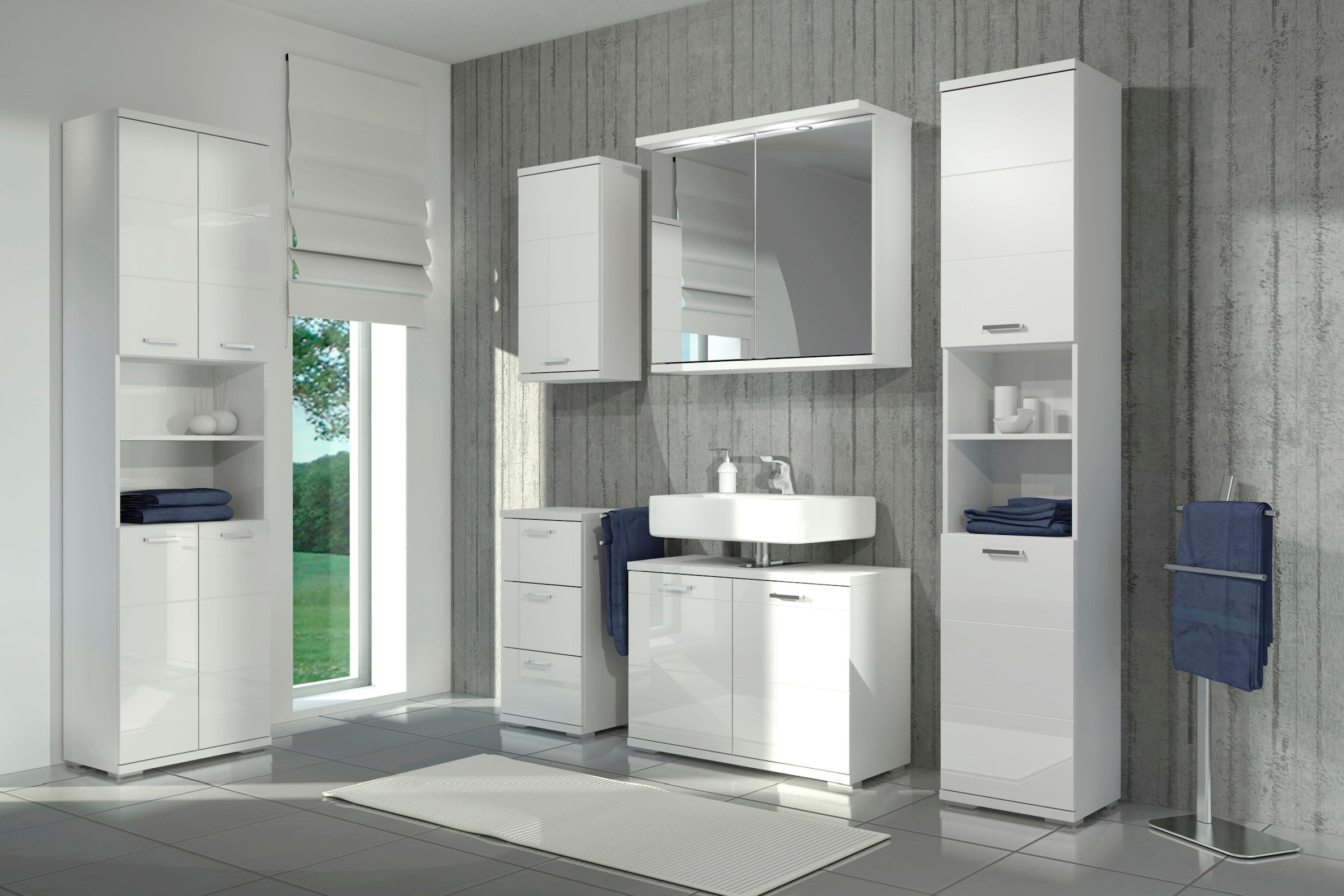 Homexperts Badmöbel-Set »Nusa«, (5 St.), aus Spiegelschrank, Hochschrank, Waschbeckenunterschrank