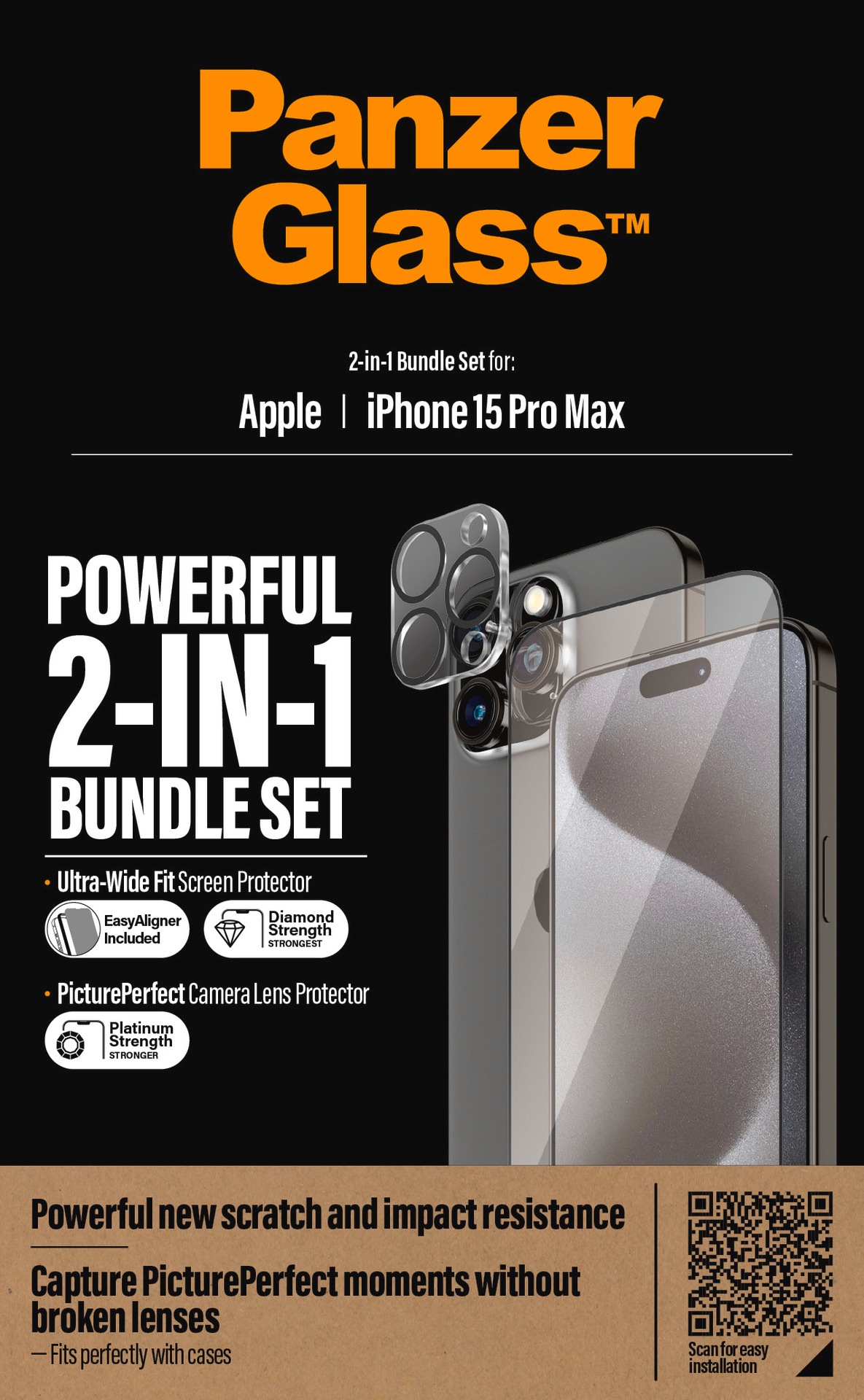 PanzerGlass Displayschutzglas »2-in-1-Pack Screen und Camera Protector«, für iPhone 15 Pro Max, Ultra Wide Fit