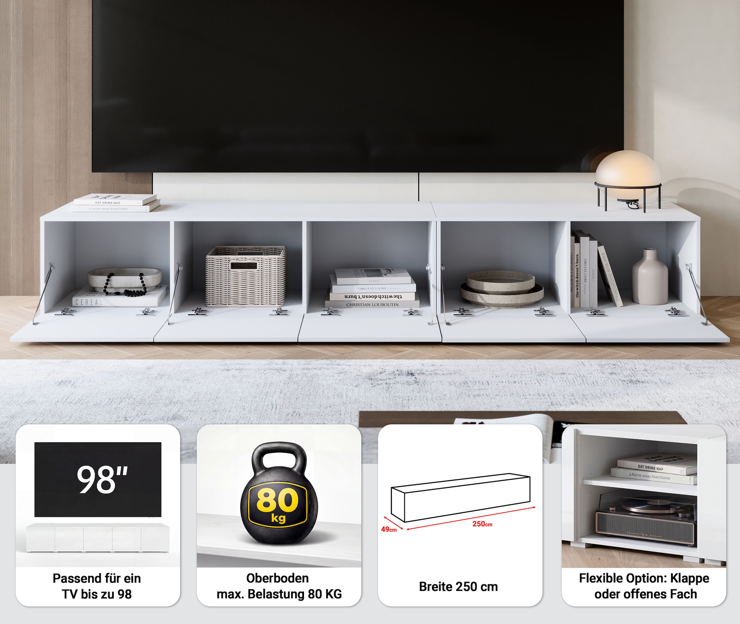 OTTO home Lowboard »Denver 250 cm für bis zu 98-Zoll TVs - Weltmeisterschaft im XXL Format« Wahlweise mit oder ohne offenes Fach in der Mitte
