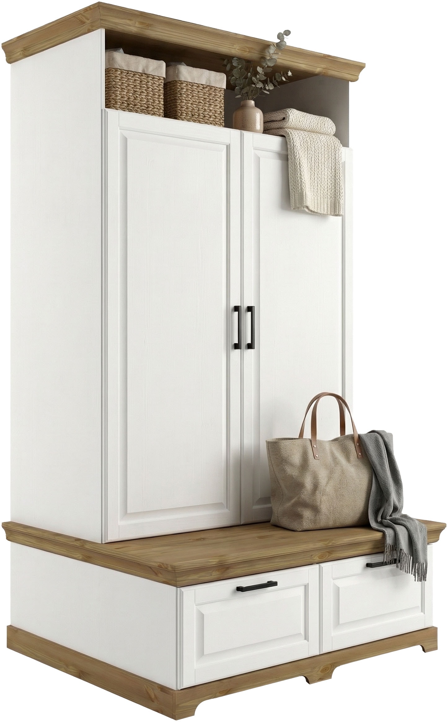 OTTO home Wäscheschrank »Rügen XXL– Landhaus-Charme mit maximalem Stauraum, zeitlos schön« B/H/T ca. 127/216/70 cm,  Integrierte Sitzbank + Schubladen: Stauraum für Schlafzimmer+Diele
