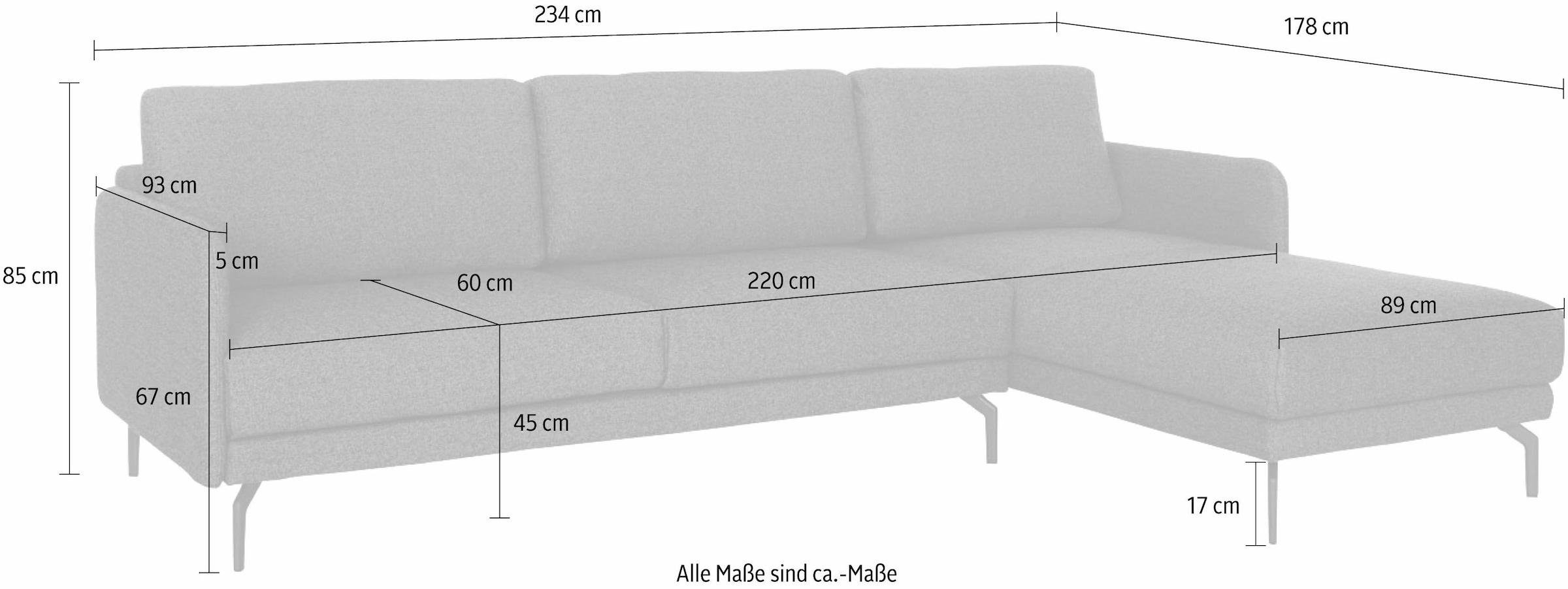 hülsta sofa Ecksofa »hs.450«, Armlehne sehr schmal, Breite 234 cm, Alugussfüße in umbragrau