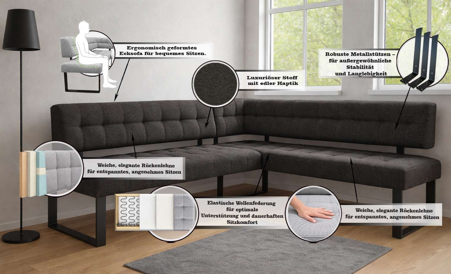 Home affaire Eckbankgruppe »Mia Essecke, Sitzgruppe, Eckbankgruppe, Küchenbankgruppe« Set, 4er, 4 tlg. Eckbank mit Wellenfederung; Tisch in Eiche massiv