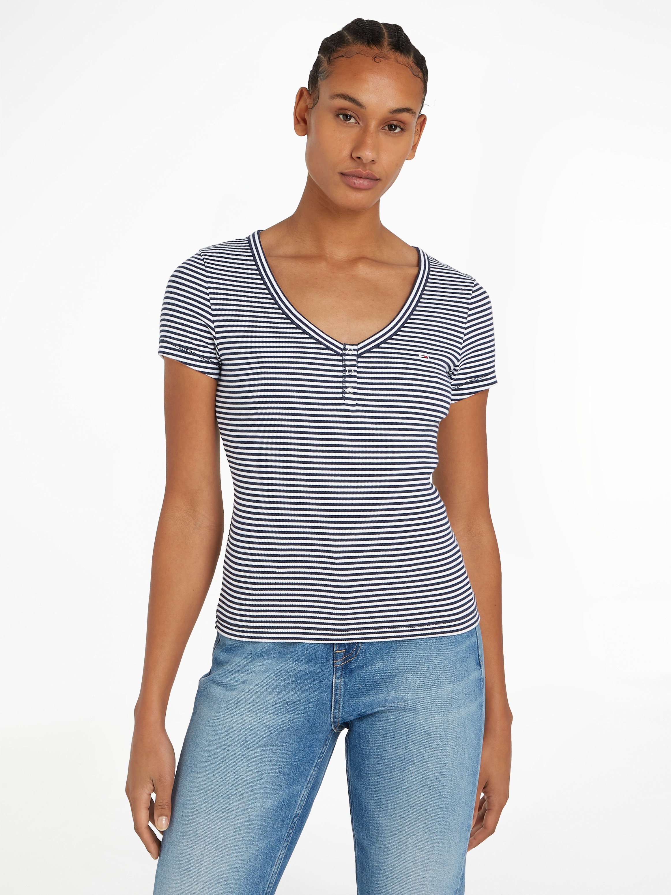 Tommy Jeans V-Shirt "TJW SLIM HENLEY STRIPE V-NECK SS", im Streifendesign günstig online kaufen