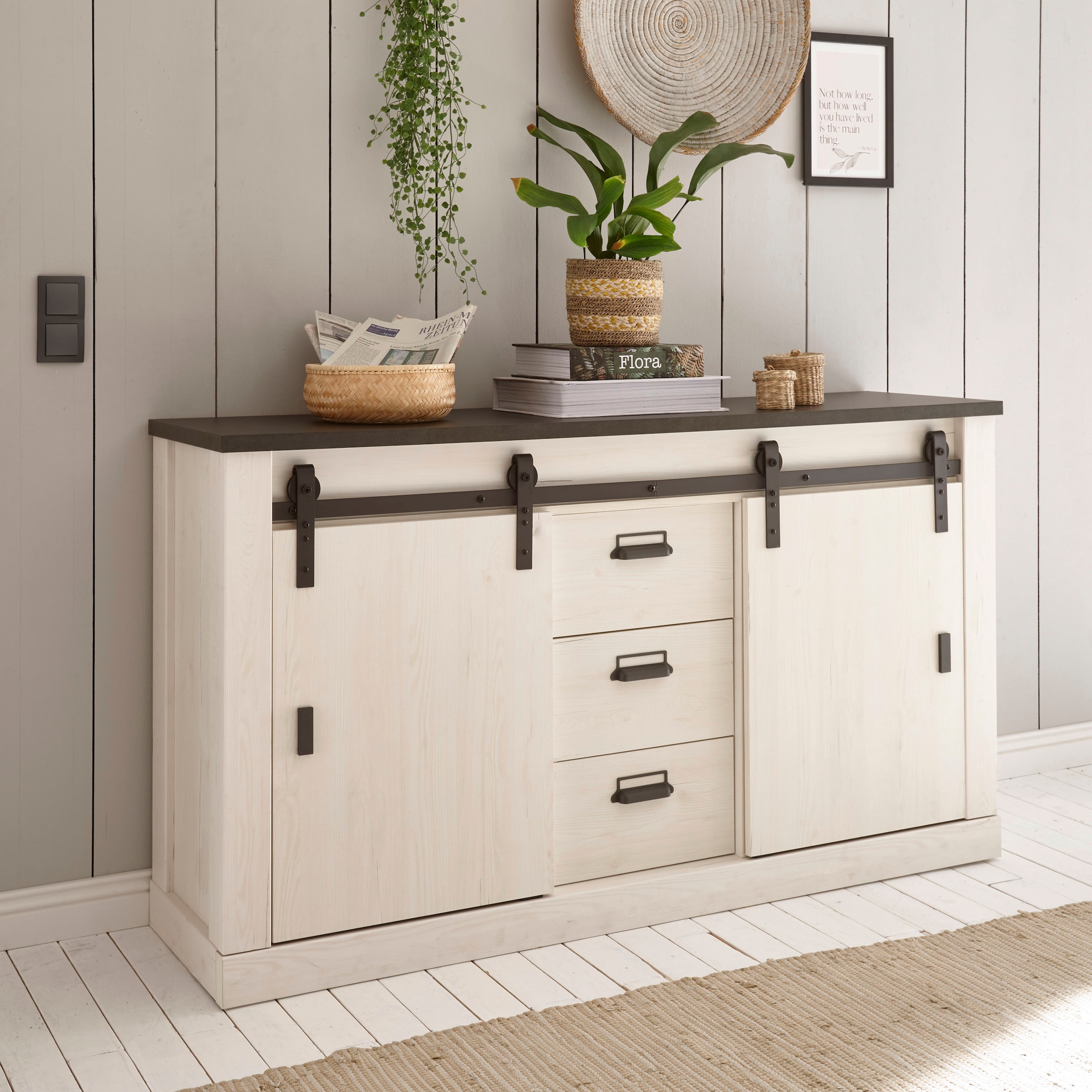 Home affaire Sideboard "Sherwood, Kommode im Industrial-Style, Schrank, Stauraumelement" mit Scheunentorbeschlag & Apothekergriffen, in 2 Farben erhältlich