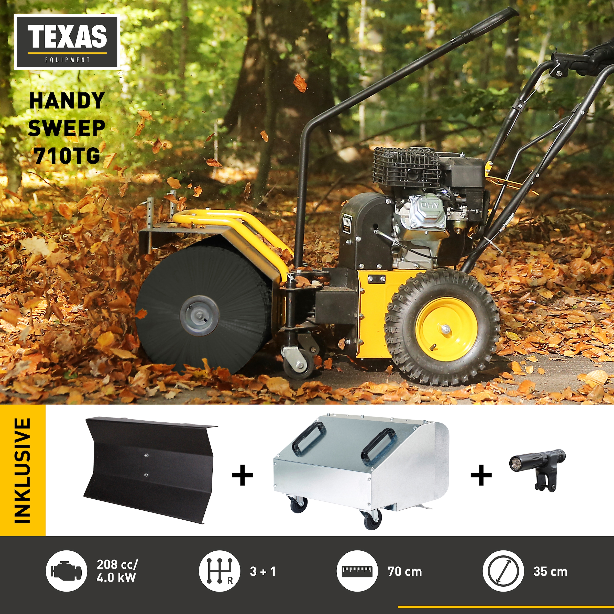 Texas Benzin-Kehrmaschine »Handy Sweep 710 TG«, (Set), inkl. Fangkorb, Schaberklinge und LED-Leuchte mit Halterung