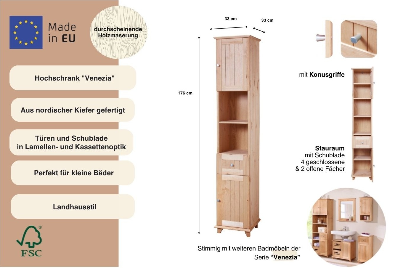 welltime Hochschrank »Venezia Landhaus« Badmöbel, aus massiver Kiefer, 2 Türen, 1 Schublade, Breite 33 cm